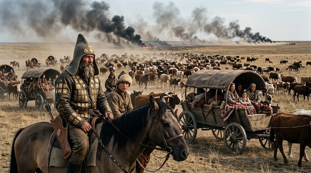 SamaHoole's tweet photo. In 513 BC the King of Persia invaded a country with the largest army the world had seen, marched for weeks, and never found anyone to conquer, because the people lived on their herds and simply left.

Darius crossed the Danube into Scythia, the grassland north of the Black Sea, with a force Herodotus puts at 700,000. The Scythians did not meet him. They loaded their women and children into wagons, drove the cattle ahead of them, filled in the wells, burned the grass, and rode a day's march in front of the Persians, who followed, and starved, and followed.

Darius sent a herald with a message that still reads as a confession. Why do you keep running? If you think yourselves stronger, stand and fight. If weaker, send earth and water and submit. The Scythian king sent back the answer that every empire has hated since. We are not running from you. We are doing what we always do in peacetime. We have no towns and no planted fields, so there is nothing of ours you can take or burn to make us fight. If you want a battle, go and find the graves of our fathers and try to dig them up. Until then, we will fight when it suits us.

Then he sent a bird, a mouse, a frog and five arrows, and Darius went home.

A people that eats off a herd carries its food with it. It cannot be besieged, because it has no walls. It cannot be starved, because the granary is on legs. It cannot be taxed, because the assessor cannot find it in the same place twice. The Persians owned everything from Egypt to India, every one of it a country of fields, and could not lay a hand on a nation of cattle.

Herodotus, who was a townsman, could not decide whether to despise them or envy them. He wrote both.

Every empire since has learned the lesson Darius learned, and drawn the opposite conclusion. You cannot conquer a people on the herd. So you take the herd. Then they stay where they are put, and grow what they are told, and the assessor knows where to find them.