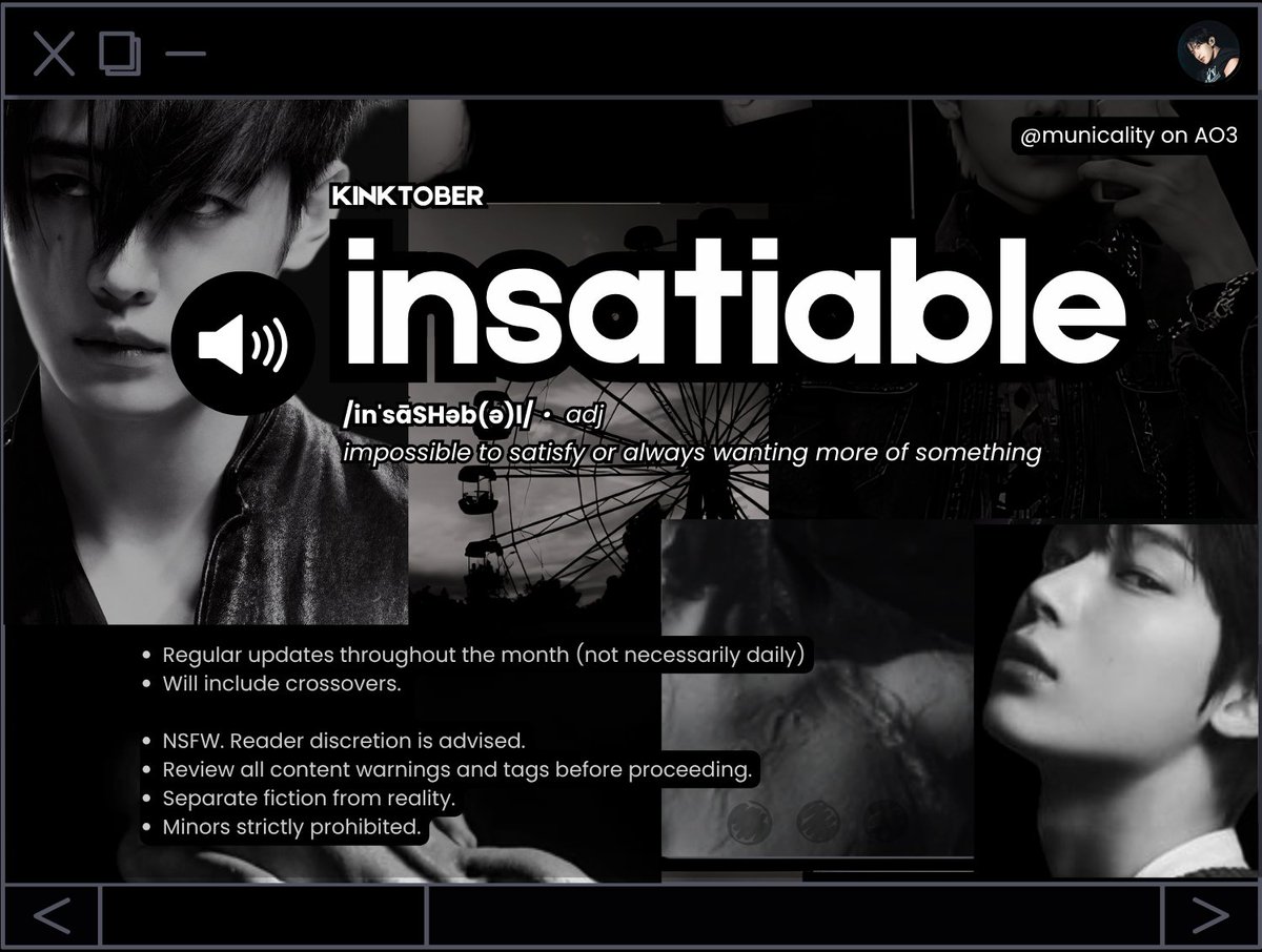 municality's tweet photo. insatiable | kinktober 🔞

A series of short chapters featuring different themes around Sunghoon and Sunoo, and their consensual nonmonogamy.

ao3 link/chapters in replies https://t.co/E1viMGnHTs