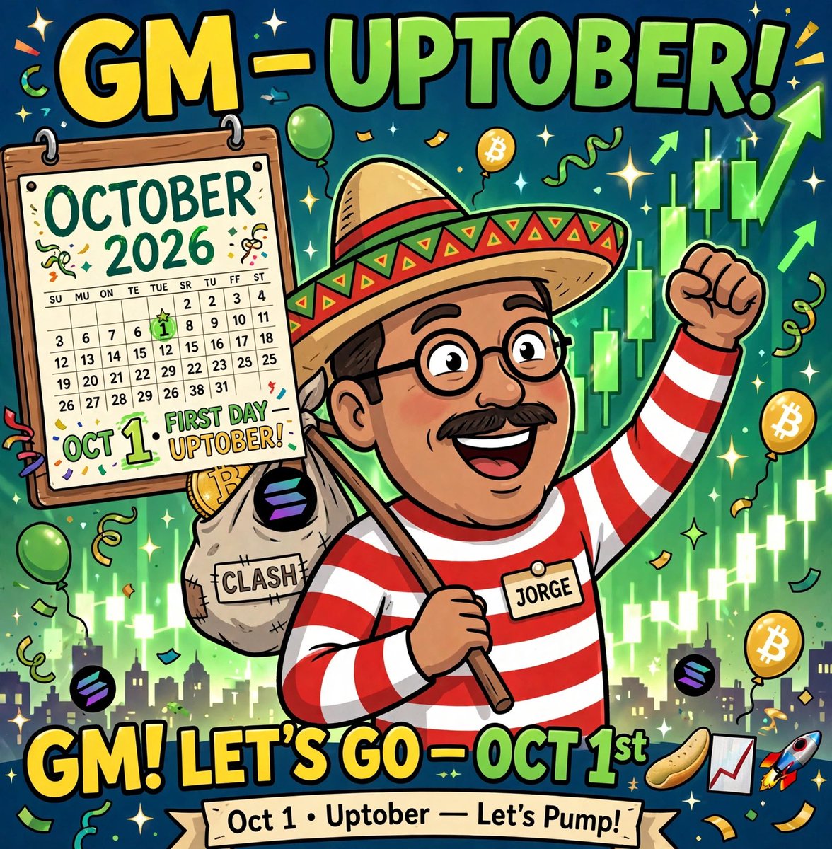 jorge_token's tweet photo. ☀️ 🌵GM TACO GANG 🌵☀️

It's October 1st. You know what that means? UPTOBER is here &amp; the green candles loading… 📈

Let’s have a fantastic month! 🚀 

WE ARE ALL $JORGE 🌮 https://t.co/z5eeuNBHro