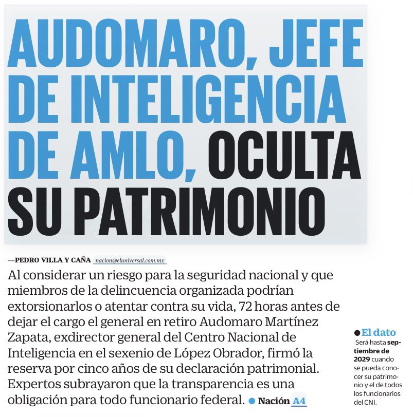 bereaguilarv's tweet photo. ¡Qué pase el transparente!

Audomaro Martínez, jefe de inteligencia de López Obrador, firmó él mismo la reserva de su declaración patrimonial hasta 2029.
Lo hizo 72 horas antes de dejar el cargo.

Ezdeke el CO podría extorsionarlo o atentar contra su vida. https://t.co/4mhIedU9P3
