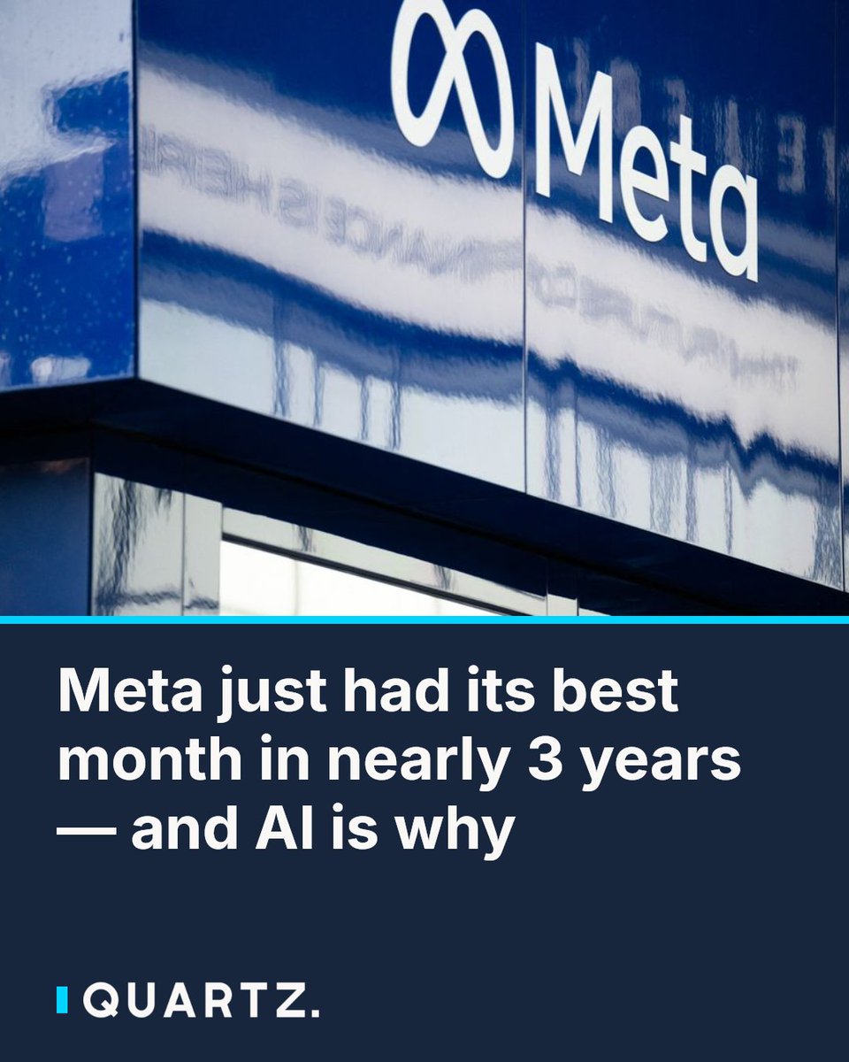qz's tweet photo. Meta just had its best month in nearly 3 years — and AI is why

Meta stock surged 27% in September, its strongest monthly gain since November 2022, fueled by investor excitement over Muse, its new AI agent app that beat ChatGPT in App Store rankings 

#MetaStock #MuseAI #AIAgents https://t.co/Le38OylTv4
