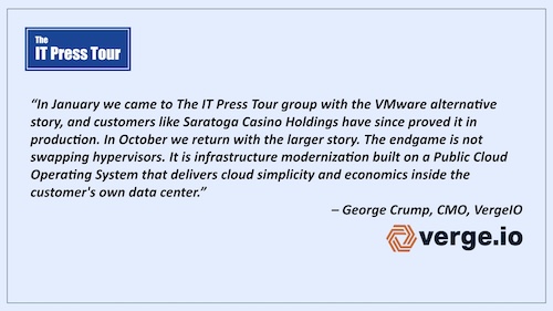 CDP_FST's tweet photo. 2nd participation for @VergeIO_Inc to The @ITPressTour
With several recent news and changes, we anticipate a good session
#MultiCloud #Virtualization #PrivateCloudOS #Hypervisor #VMMigration #VirtualDC #AI #ITPT https://t.co/AcutsNrNxg