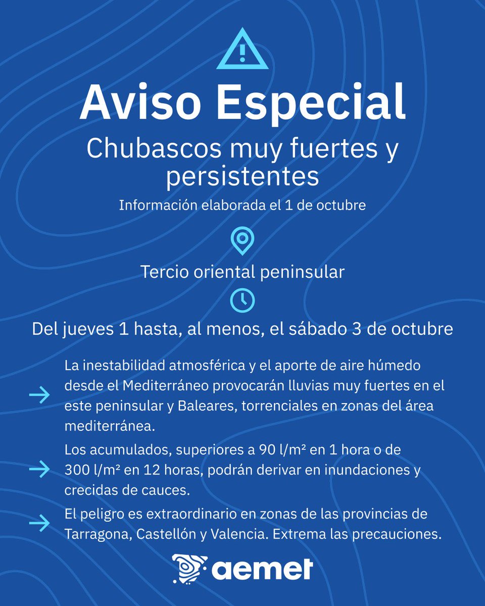 AEMET_Esp's tweet photo. ⚠️AVISO ESPECIAL | Chubascos muy fuertes y persistentes.

➡️ Situación especialmente adversa este jueves por la tarde/noche y el viernes en zonas del Mediterráneo.

➡️ Extrema las precauciones. Sigue las recomendaciones de Protección Civil.

+ info 👉
https://t.co/48Lsr8QC4f https://t.co/dYqm7nFlEv