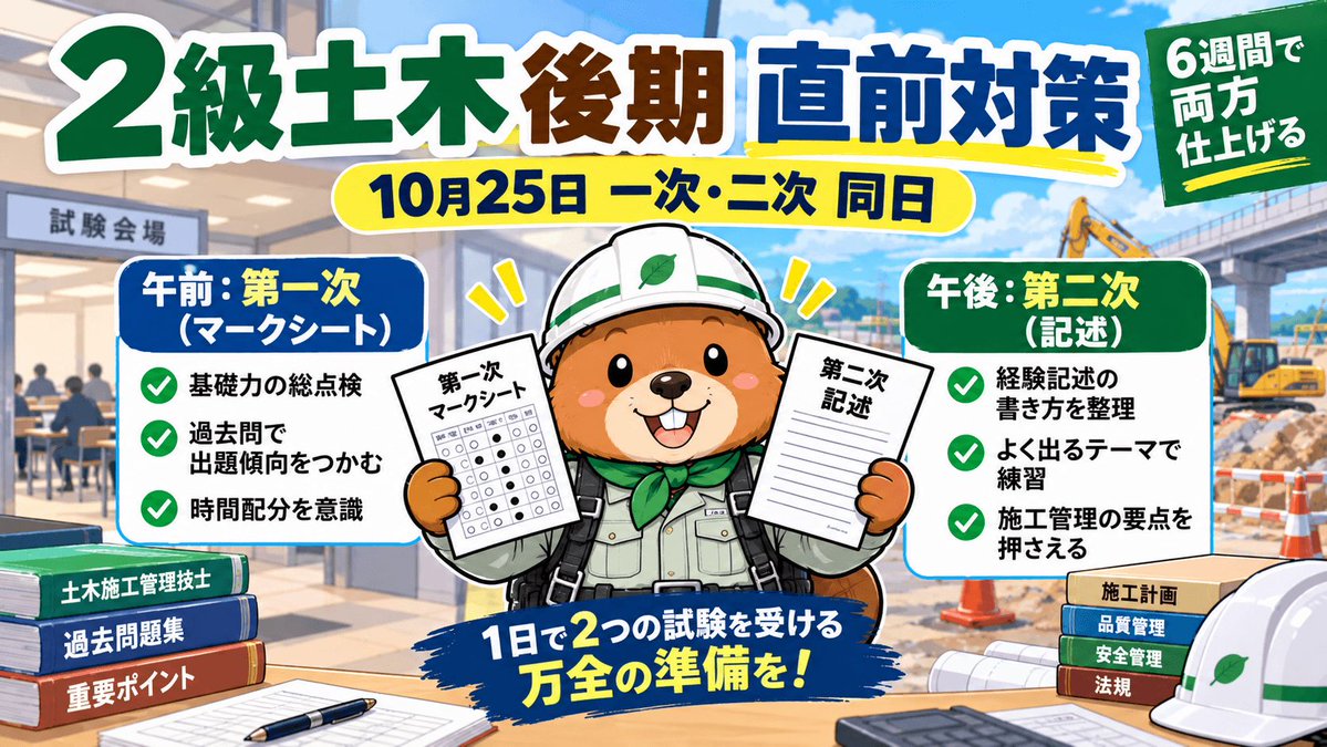 sekokantaro_com's tweet photo. 【2級土木 後期まで4週間。10/25は一次と二次が同じ日】

一次の暗記は直前ほど効く。
でも二次は「書いて、寝かせて、直す」に2〜3週間かかります。

だから今は二次から👇
https://t.co/Kfxh3aH1gH

#2級土木施工管理技士 #第二次検定 #独学 https://t.co/w0RnQxD5zO
