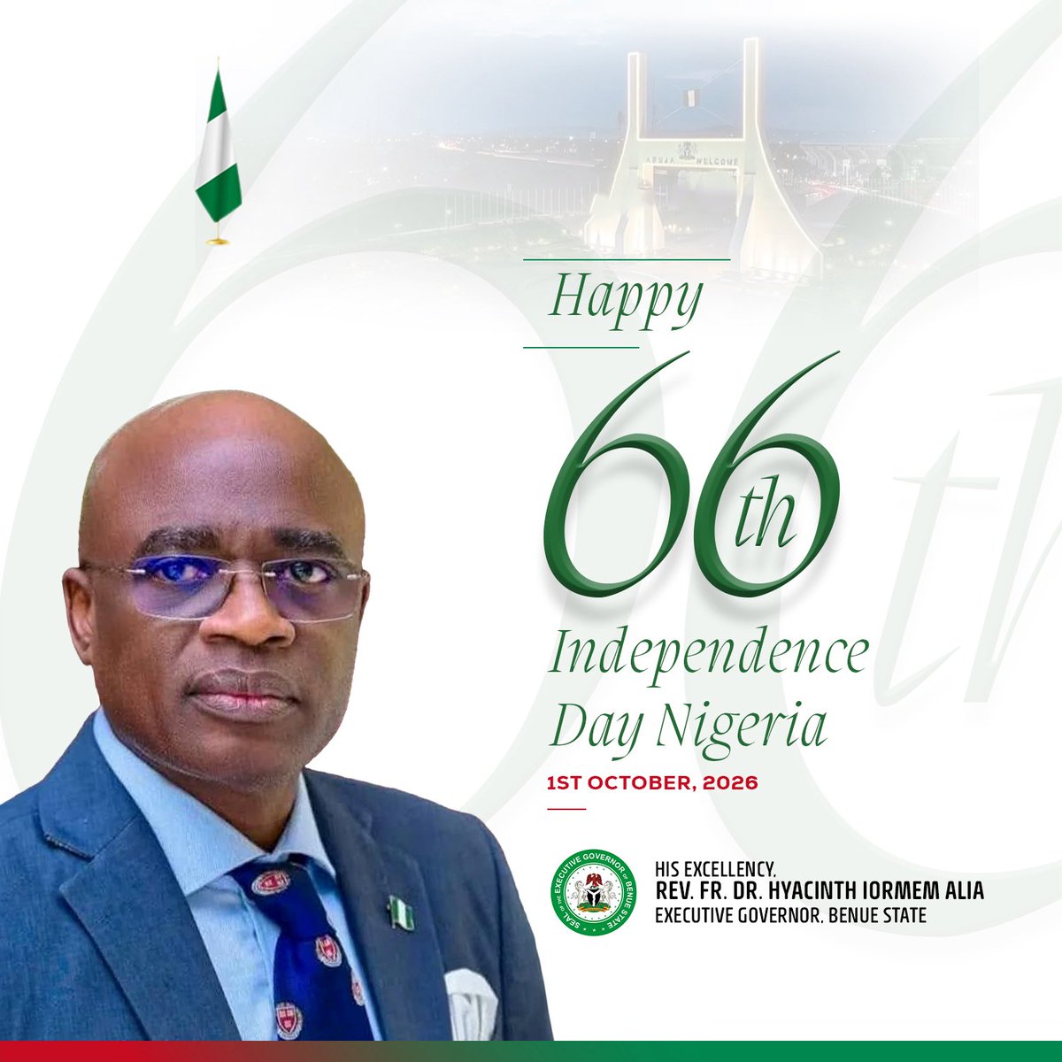 HyacinthAlia's tweet photo. Today, as Nigeria marks her 66th Independence Anniversary, I join the good people of Benue State and all Nigerians at home and abroad in celebrating our great nation.

This anniversary is a solemn moment to reflect on our national journey so far, honour the sacrifices of those who came before us, and renew our collective commitment to the ideals of unity, peace, justice, freedom and shared prosperity.

For us in Benue, it is also an occasion to reaffirm our determination to build a state where every citizen has a place, a voice and an opportunity to thrive.

I profoundly appreciate the people of Benue State for their prayers, confidence and steadfast support. In the face of challenges, our strength remains our unity and our shared belief in a greater future for our people.

As we celebrate, I call on all Nigerians to continue to place the interest of our nation above every difference and to contribute, in whatever capacity, to the peace, stability and development of our dear country.

Together, with faith in God, commitment to our people and a shared sense of responsibility, we shall continue to build a stronger Benue and a greater Nigeria.

Happy 66th Independence Anniversary, Nigeria. 🇳🇬