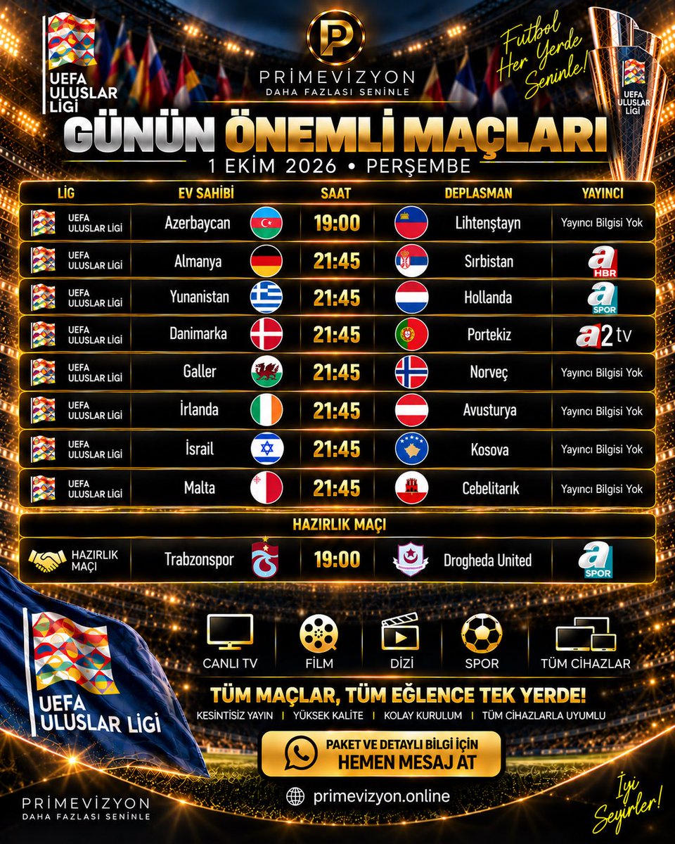 Prime_Vizyon's tweet photo. ⚽ Günün önemli maçları, saatleri ve yayın bilgileri tek paylaşımda!

📺 Maçları kaçırmayın, günün programını takip edin.

#BizimÇocuklar #UEFA https://t.co/cM99j0anhu