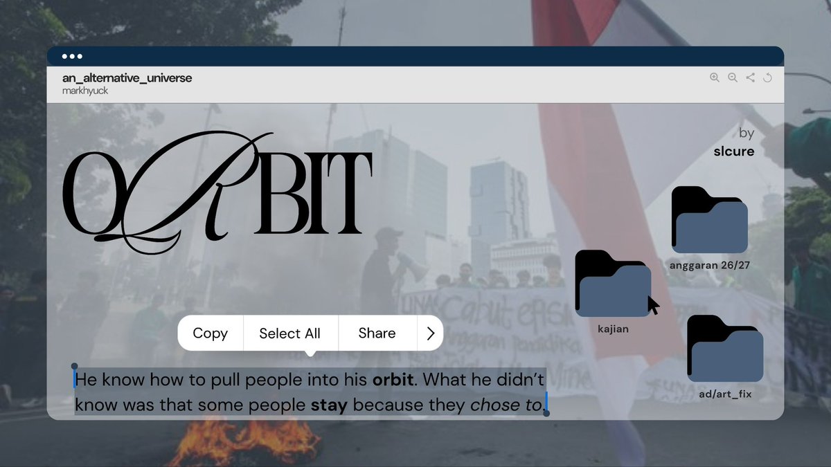 slcure's tweet photo. ORBIT

“He know how to pull people into his orbit. What he didn’t know was that some people stay because they chose to.”

— a markhyuck campus political au
by slcure, 2026 https://t.co/pCJDbwSVVI