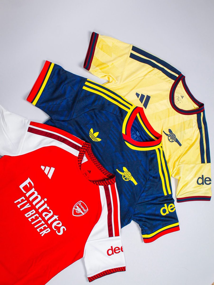 KAMPALACONFIDES's tweet photo. Arsenal FC 25/26 attire.

Home. Away. Third. Available Now. https://t.co/soj3htkRJc