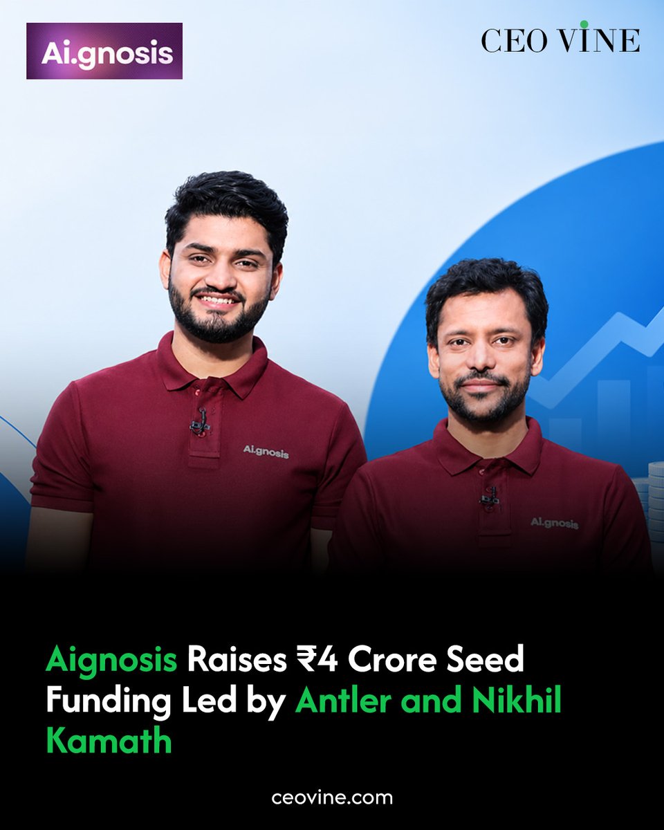 CeoVine's tweet photo. Jaipur-based healthtech startup @aignosis7 has raised ₹4 crore in seed funding, in a round led by Antler and investor Nikhil Kamath, with participation from Varun Dua and IIMA Ventures.
Read more: https://t.co/tOhin5GdJa
#Aignosis #Antler #NikhilKamath #HealthTech #AI #CEOVINE https://t.co/0bVbIpirGt