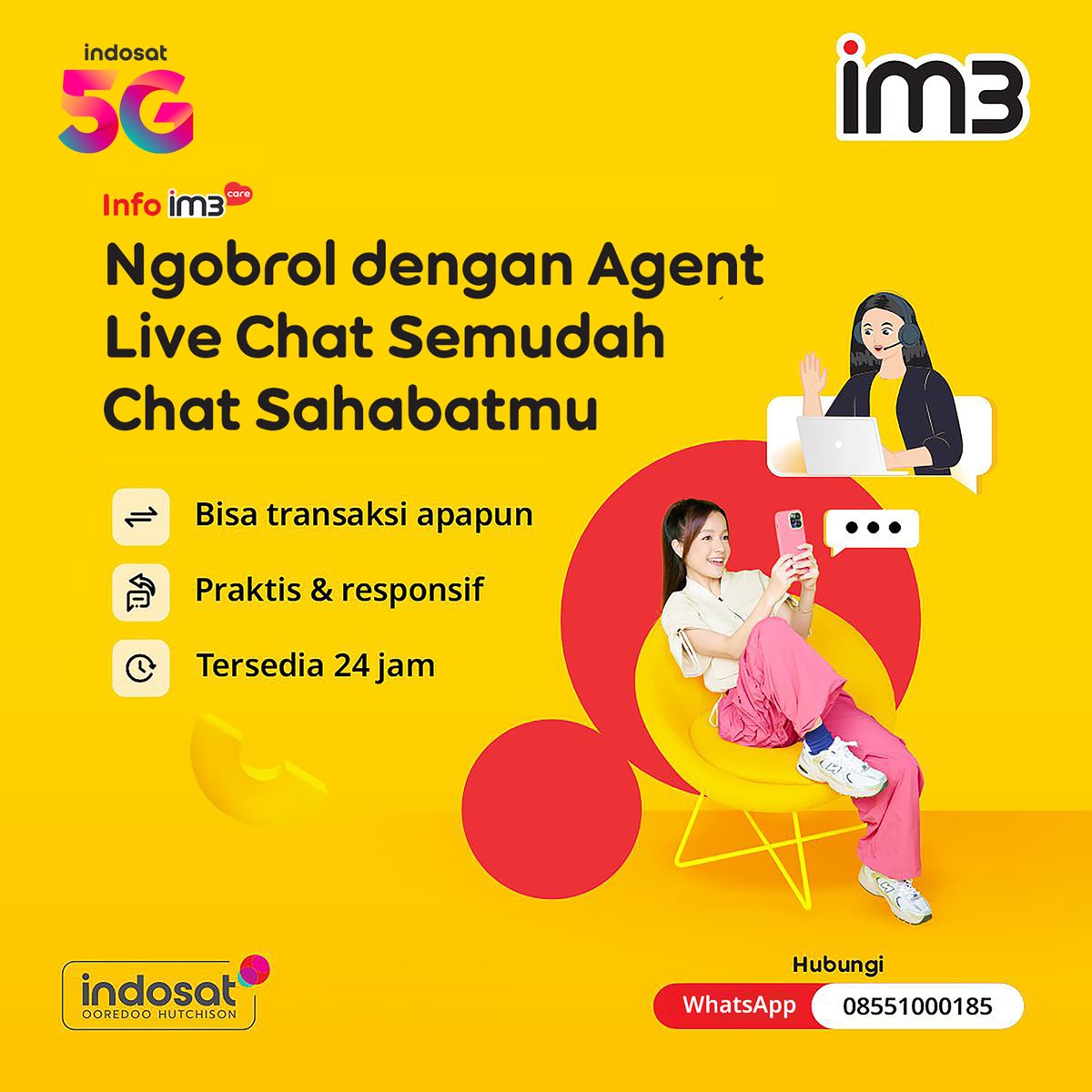 CareIM3's tweet photo. Butuh info atau punya pertanyaan seputar layanan IM3? Live Agent IM3 Care siap bantu #SahabatBaikku langsung melalui WhatsApp ✨💛

Yuk terhubung sekarang 👉 https://t.co/Xwzr5xILn6 https://t.co/gVl1bpJnGu