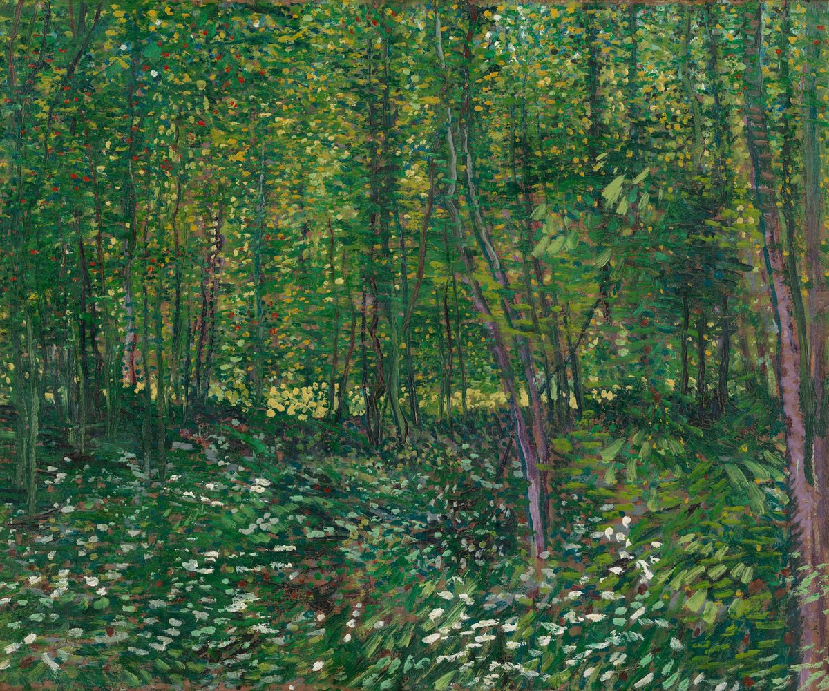 vangoghmuseum's tweet photo. Who needs a little break? 🌿
Let's wander through these woods for a moment, as Vincent saw them.

'Sometimes it's precisely those spots where one no longer feels anything of what's known as the civilized world ... sometimes it's precisely those spots that one needs to achieve calm.' Can you relate to what Vincent wrote? 

1 ‘Path in the Woods’, 1887 © Van Gogh Museum
2 ‘Trees’, 1887 © Van Gogh Museum
3 ‘Undergrowth’, 1887 © Van Gogh Museum
4 ‘Trees and Undergrowth’, 1887 © Van Gogh Museum
