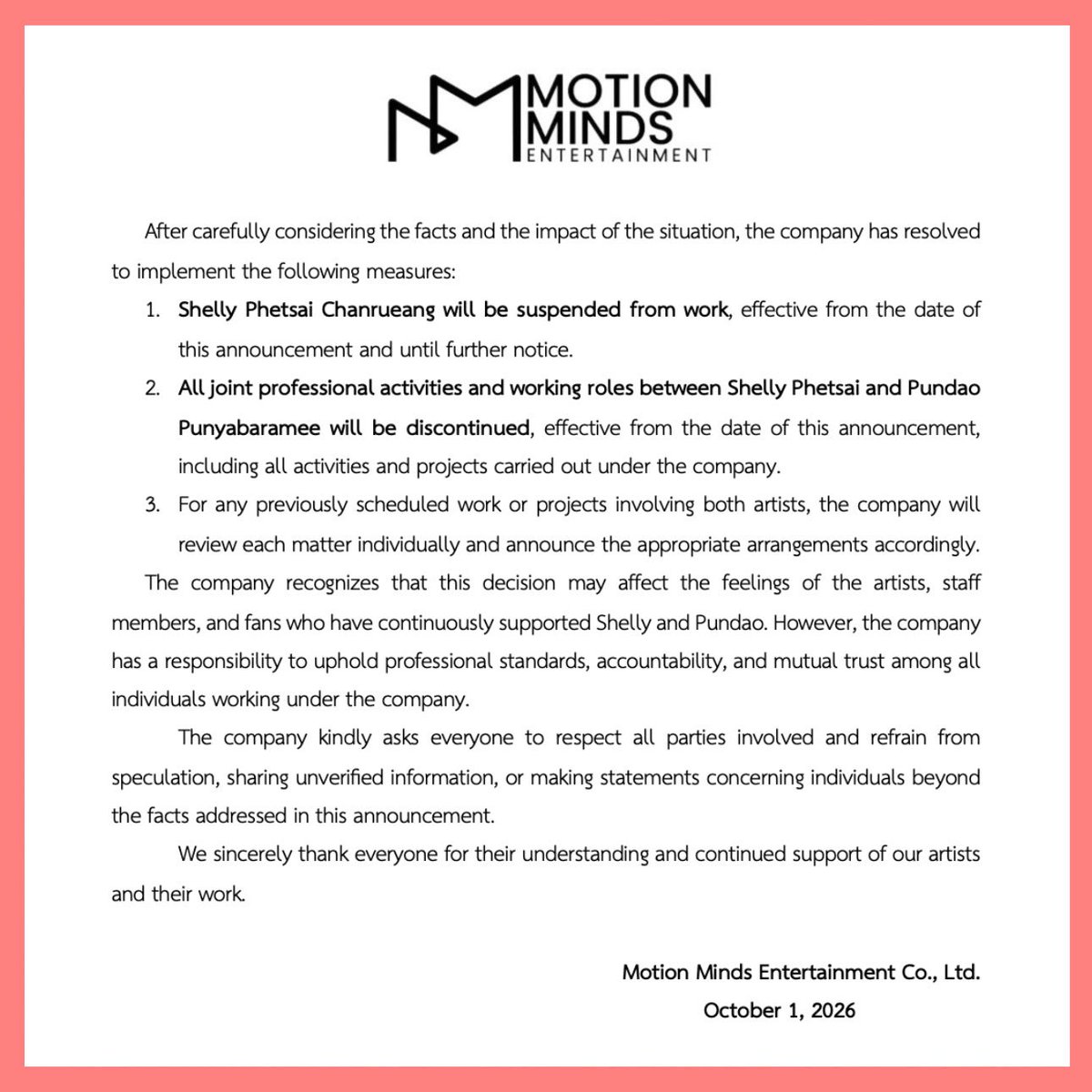MotionMindsEntt's tweet photo. ประกาศชี้แจงกรณีการละเมิดข้อตกลงในการทำงานของ "เชลลี่ เพชรใส"

OFFICIAL STATEMENT REGARDING A BREACH OF PROFESSIONAL AGREEMENT 
BY SHELLY PHETSAI

#motionmindsentertainment https://t.co/zAbaSTGlh4