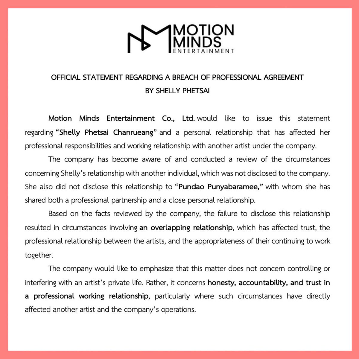 MotionMindsEntt's tweet photo. ประกาศชี้แจงกรณีการละเมิดข้อตกลงในการทำงานของ "เชลลี่ เพชรใส"

OFFICIAL STATEMENT REGARDING A BREACH OF PROFESSIONAL AGREEMENT 
BY SHELLY PHETSAI

#motionmindsentertainment https://t.co/zAbaSTGlh4