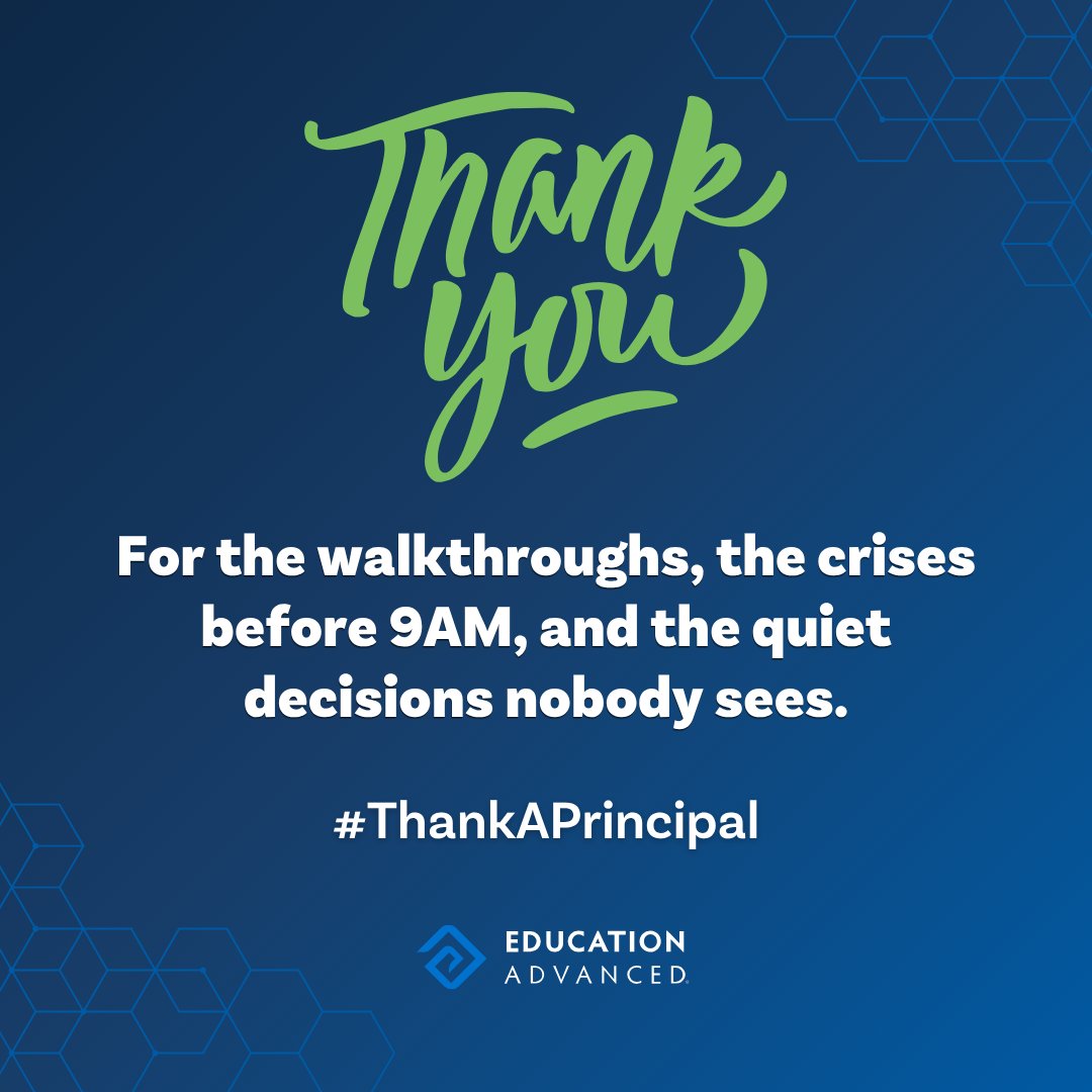EdAdvanced's tweet photo. Somewhere between the walkthroughs, the parent calls, and the budget meetings, most principals are quietly running the whole building. We see it, and we thank you! #NationalPrincipalsMonth #ThankAPrincipal https://t.co/ndyFTG1hRz