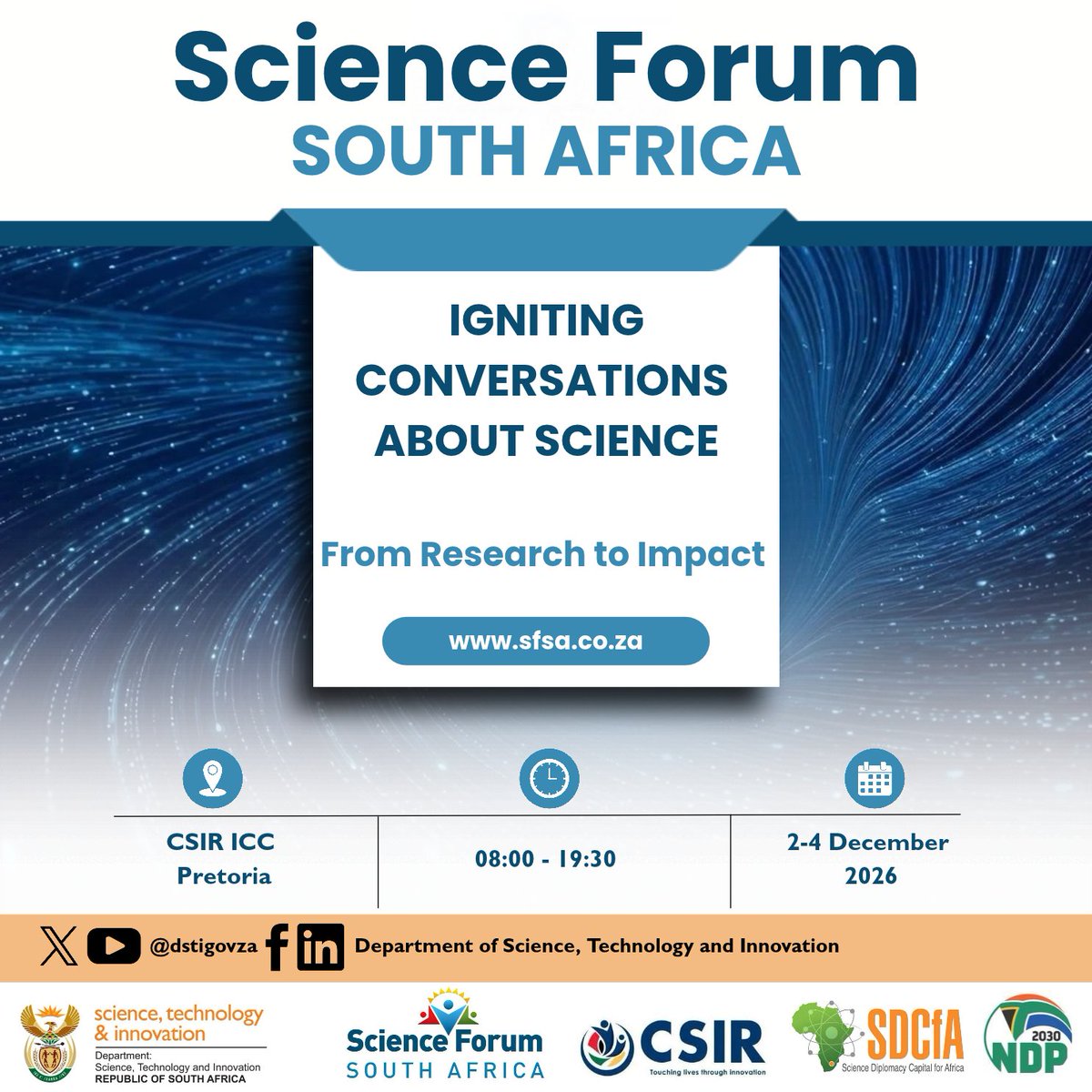 GovernmentZA's tweet photo. Science Forum South Africa invites you to explore how research can translate into impact, with conversations on financing science, emerging technologies, entrepreneurship and science diplomacy.
2–4 Dec | CSIR ICC, Pretoria
REGISTER HERE: https://t.co/OLTLulMgOR
#SFSA2026 #GovZAUpdates