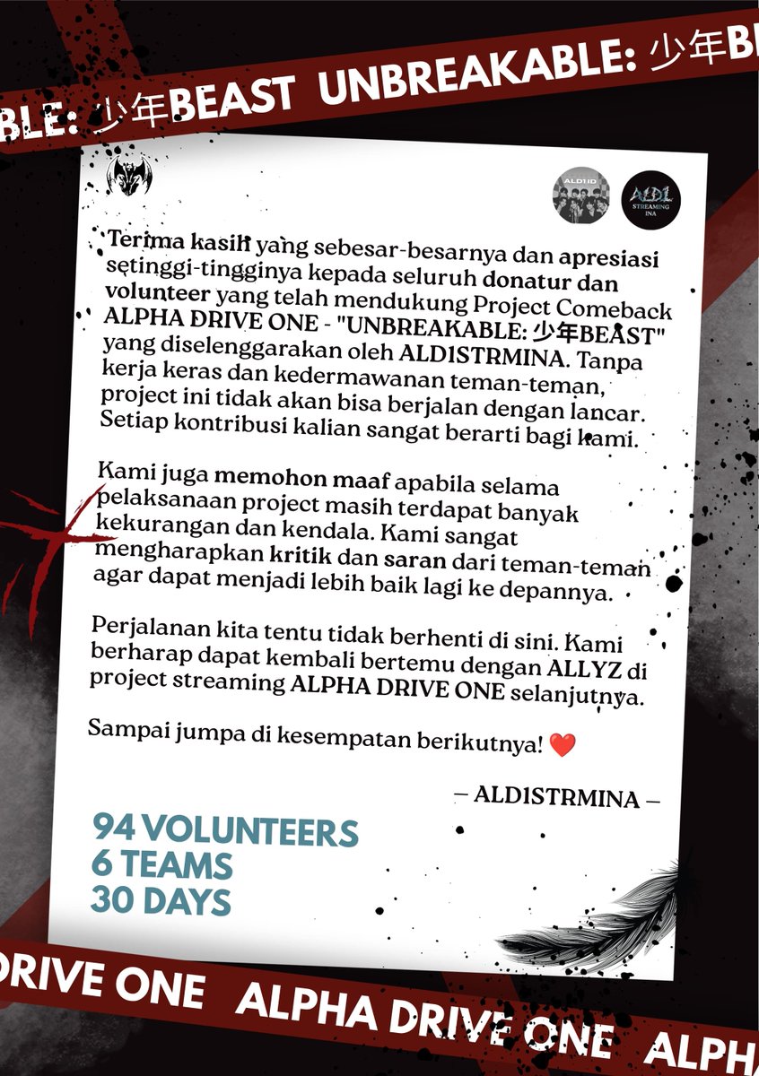 ALD1STRMINA's tweet photo. [📢] LAPORAN PROJECT STREAMING ALPHA DRIVE ONE [UNBREAKABLE: 少年BEAST]

Halo, ALLYZ!

Berikut laporan transparansi donasi dan kegiatan dari Project Streaming [UNBREAKABLE: 少年BEAST].

Sebanyak 94 ALLYZ ikut berpartisipasi dalam project ini, yang kemudian terbagi menjadi beberapa team.
Project berlangsung selama *30 hari (24 Agustus - 23 September 2026).*

Total Streaming yang terkumpul:
- Genie : 138,089 Streams
- Melon : ±110,188 Streams
- Spotify : 152,855 Streams
- Stationhead : 237,514 Streams

Total Download : 136 Downloads

(1/3)

@ALD1_official @ALD1_jp
#BORN_DIRE #UNBREAKABLE_少年BEAST
#ALPHADRIVEONE #ALD1 #알파드라이브원
#ALD1STRMINA_ProjectReport