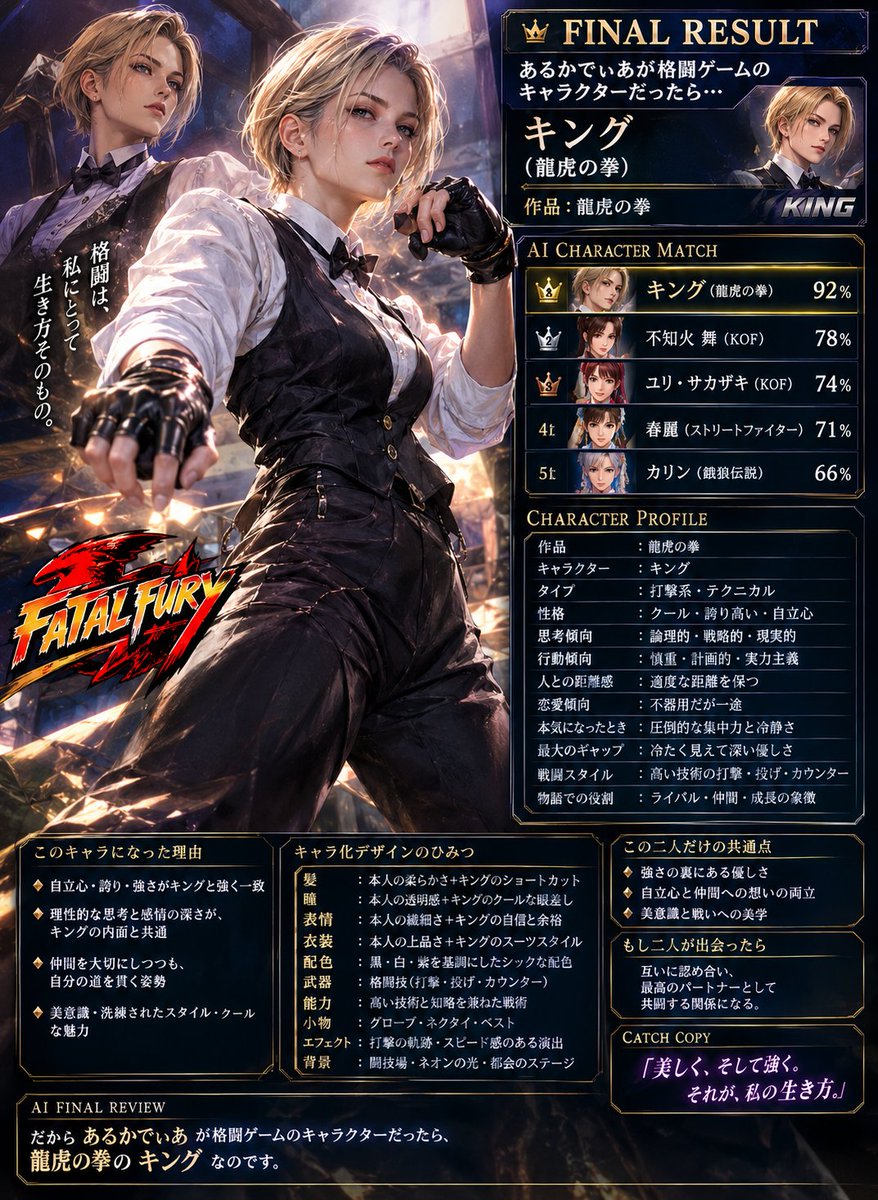 Arcadiafk's tweet photo. 既出だったらあれですが、『自分が格闘ゲームのキャラクターだったら誰』プロンプトを作成してみました。

ていうか、自分がやってみたかったから作ってみました😇

https://t.co/UkXi4rmCzt

#ChatGPT　#キャラクター診断 https://t.co/QTn6RPIpEi