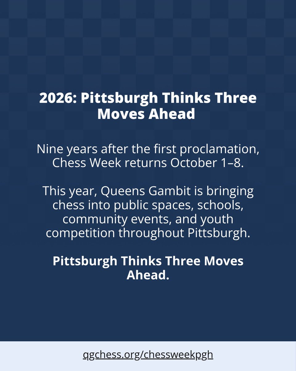 queensgambitpgh's tweet photo. Nine years of thinking ahead. ♟️
What began with a Pittsburgh City Council proclamation in 2017 has grown into a citywide tradition rooted in chess, strategy, learning, and community.
Pittsburgh Chess Week returns Oct. 1–8.
#PittsburghChessWeek #QueensGambit https://t.co/tSq78ZJ8pI