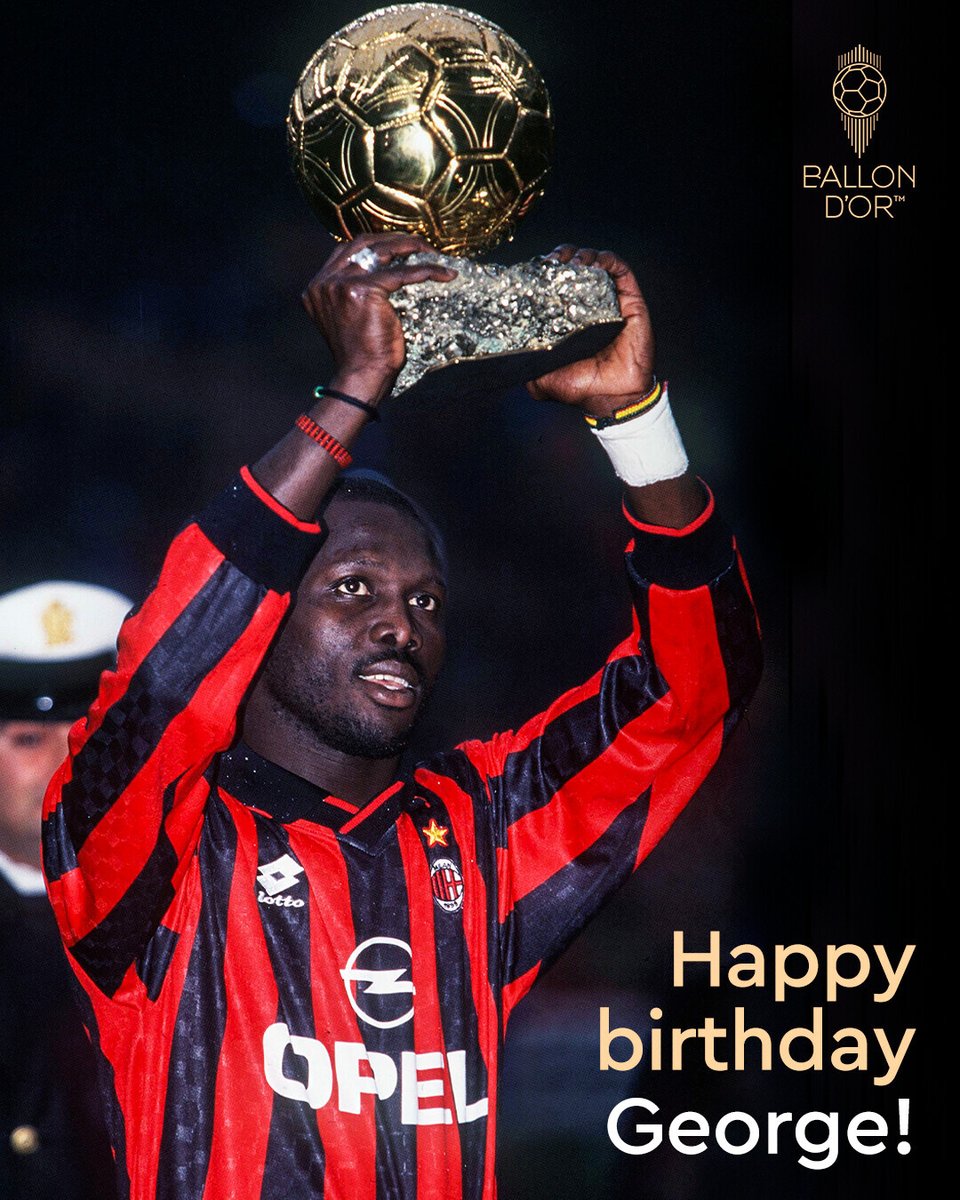 ballondor's tweet photo. HAPPY 60TH BIRTHDAY, KING GEORGE! 🇱🇷

1995 Ballon d'Or winner, in the first edition open to players of all nationalities. Still the only African to win it.

Relive his legacy on https://t.co/8FJRy8S5tQ

#ballondor #georgeweah #acmilan https://t.co/C22R2XJPdu