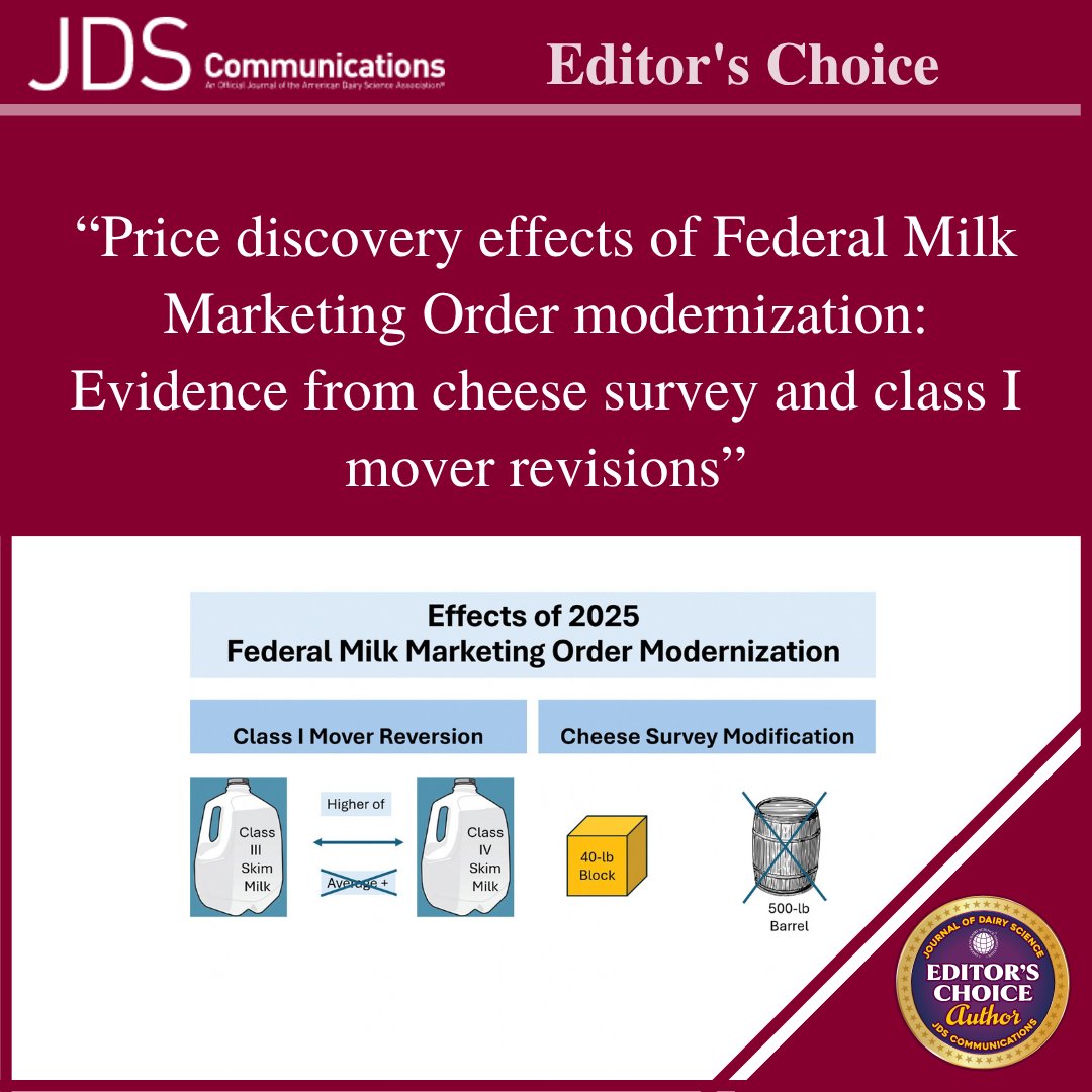 ADSAorg's tweet photo. What are the farm price implications of the recent Federal Milk Marketing Order reforms? Find out in a #JDSCommunications article from a @Cornell Dyson School team led by Christopher Wolf (@WolfCA3)👉 https://t.co/KCLldXRKDA

#DairyScience #SocietyPubs https://t.co/ZuxRrcIYOm