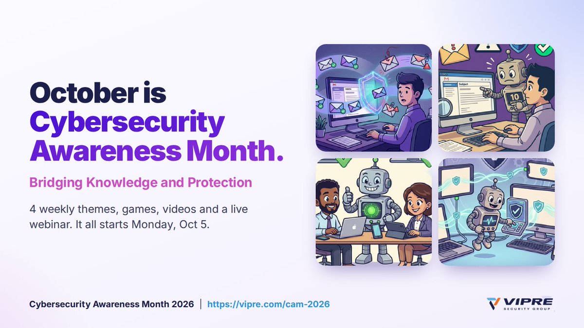 VIPRESecurity's tweet photo. October is Cybersecurity Awareness Month 🛡️
4 weeks. 4 themes. Games, videos, and a free live webinar on Oct 6.
It all kicks off Monday. 
🔥Grab the free campaign kit: https://t.co/R8yMjNrQD6 
🔥Sign up for the webinar: https://t.co/g9b8nO5rC7

#CybersecurityAwarenessMonth https://t.co/b5wf8lLz7v
