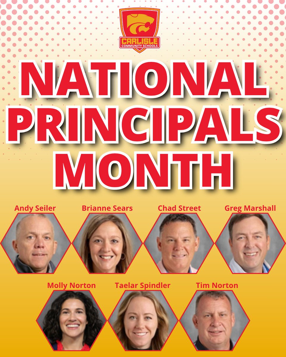 carlisle_csd's tweet photo. October is National Principals Month! We would like to recognize our outstanding school leaders:

🌟 Greg Marshall
🌟 Molly Norton
🌟 Tim Norton
🌟 Brianne Sears
🌟 Andy Seiler
🌟 Taelar Spindler
🌟 Chad Street

Thank you for all you do! 🙏 https://t.co/Bu8GYSmuQa