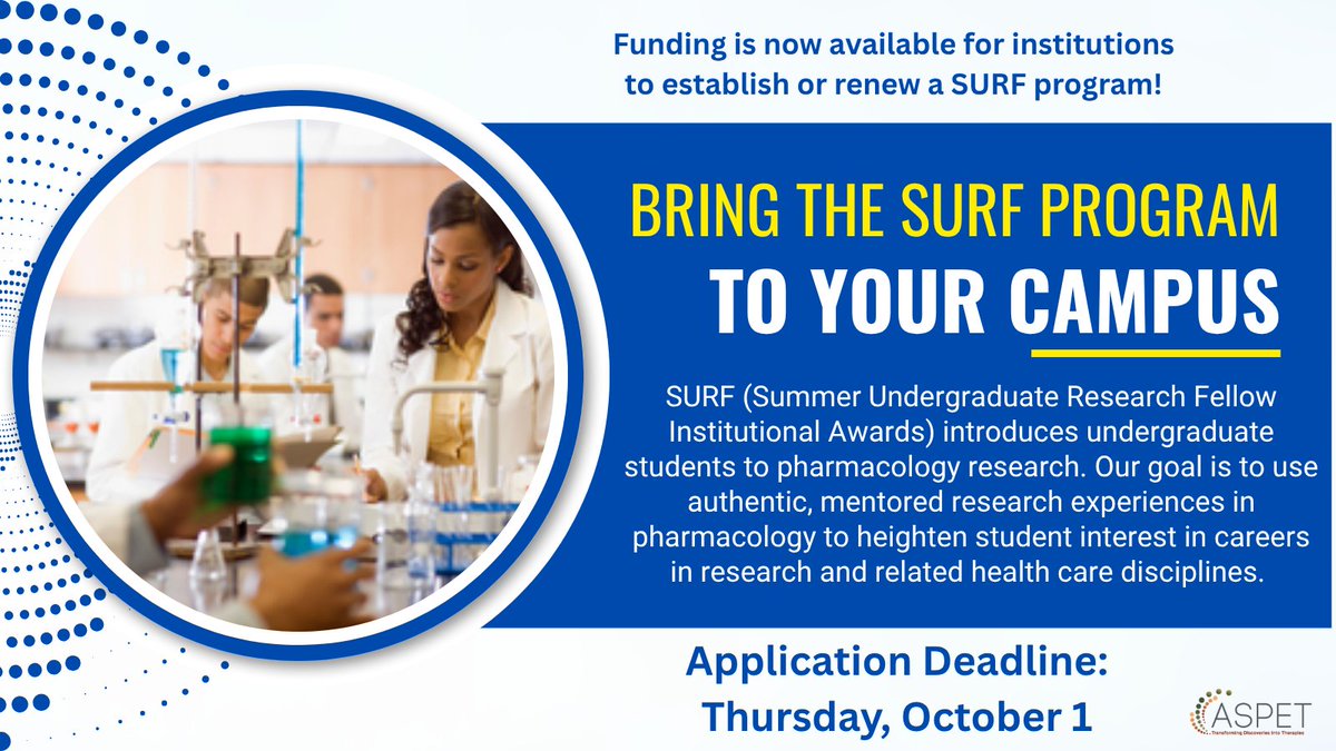 ASPET's tweet photo. Today is the LAST DAY to apply to bring SURF to your institution, and help introduce undergraduate students to pharmacology research.

Learn more and apply: https://t.co/24mQ78GsZT https://t.co/IzcT5VoIEq