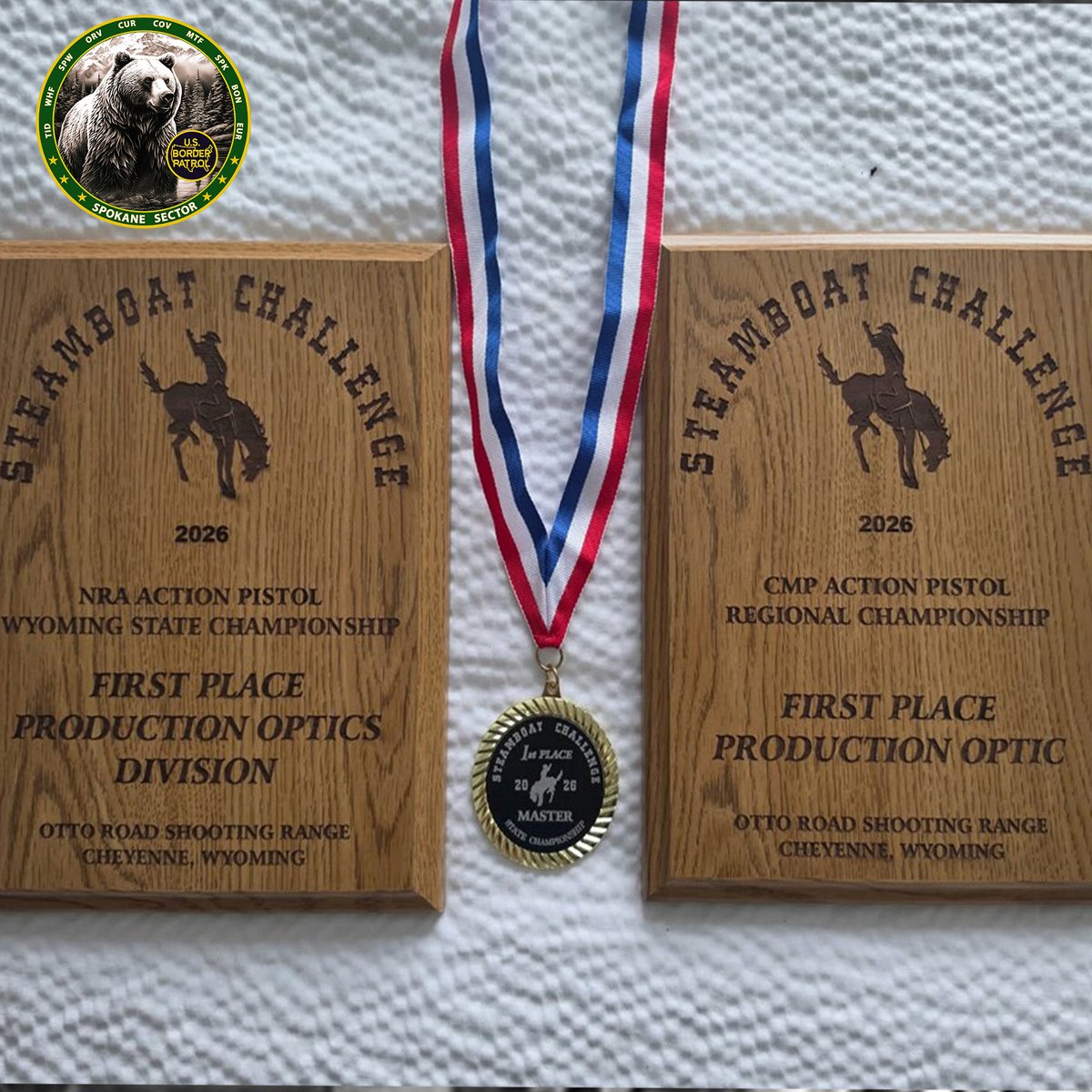 USBPChiefSPW's tweet photo. The U.S. Border Patrol National Pistol Team won the 2026 Steamboat Challenge CMP Action Pistol Regional and NRA State Championship matches in Cheyenne, Wyoming.
Notable results included an agent of #SpokaneSector winning the State Production Optic Division. #HonorFirst https://t.co/cBA6npnNNQ