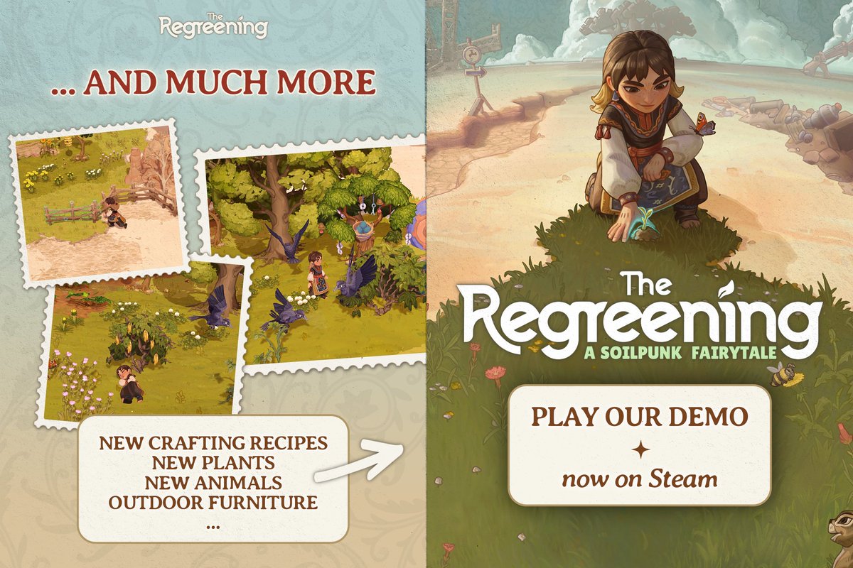 cozy_impact's tweet photo. the day is finally here, The Regreening demo is out!!! 😭💚

hop in &amp; bring life to a deserted wasteland by:
🌱 growing plants &amp; restoring ecosystems
🐰 creating habitats for returning wildlife
♻️ upcycling abandoned materials
✨ using a little... magic!!

https://t.co/ZhKCdQ9hVC https://t.co/nrmEEpC2kL