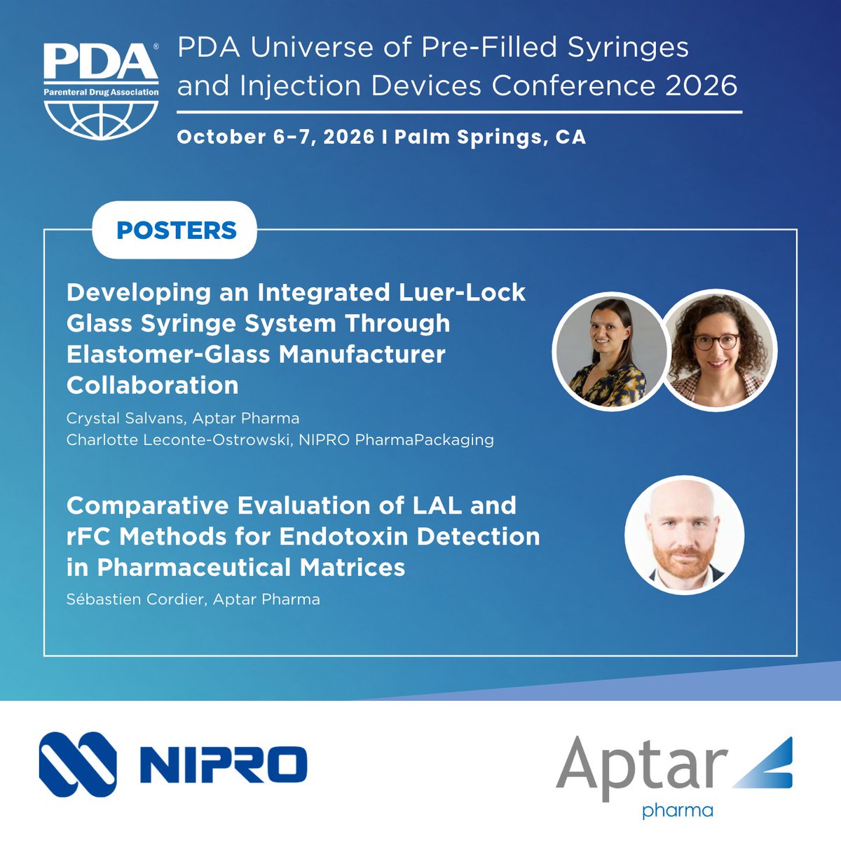 aptar's tweet photo. At #PDAPFS next week, #AptarPharma will contribute to the scientific program with two posters, including one showcasing our system-level integration approach developed in collaboration with NIPRO PharmaPackaging. See you there! #InjectableDrugDelivery #PreFilledSyringes https://t.co/2Z9yl17V52