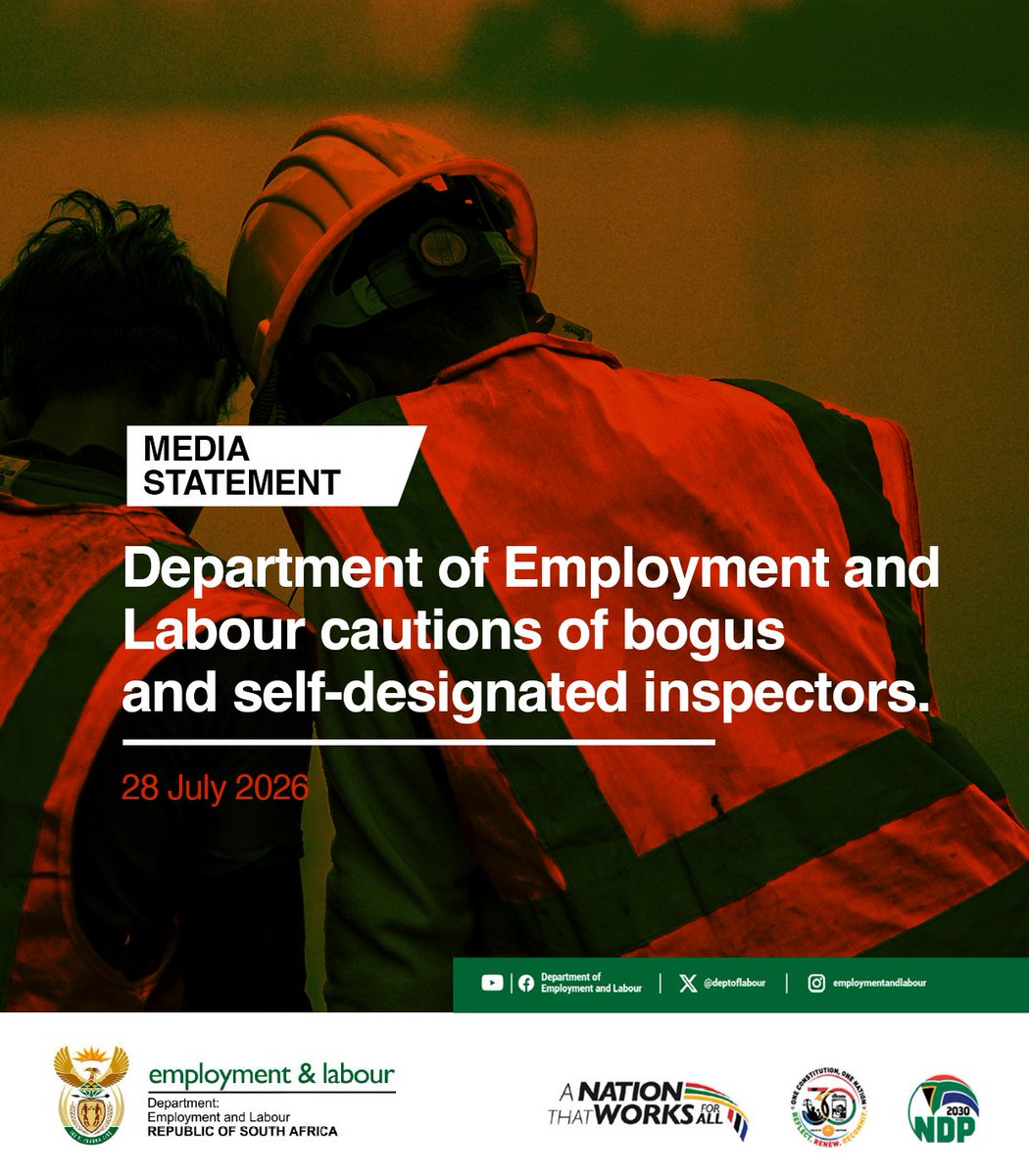 deptoflabour's tweet photo. [ICYMI] Department of Employment and Labour cautions of bogus and self-designated inspectors.
https://t.co/MQKRtDWEQL

#Yazini #ServicedeliveryZA #GovZAUpdates https://t.co/F6RypmH1dD