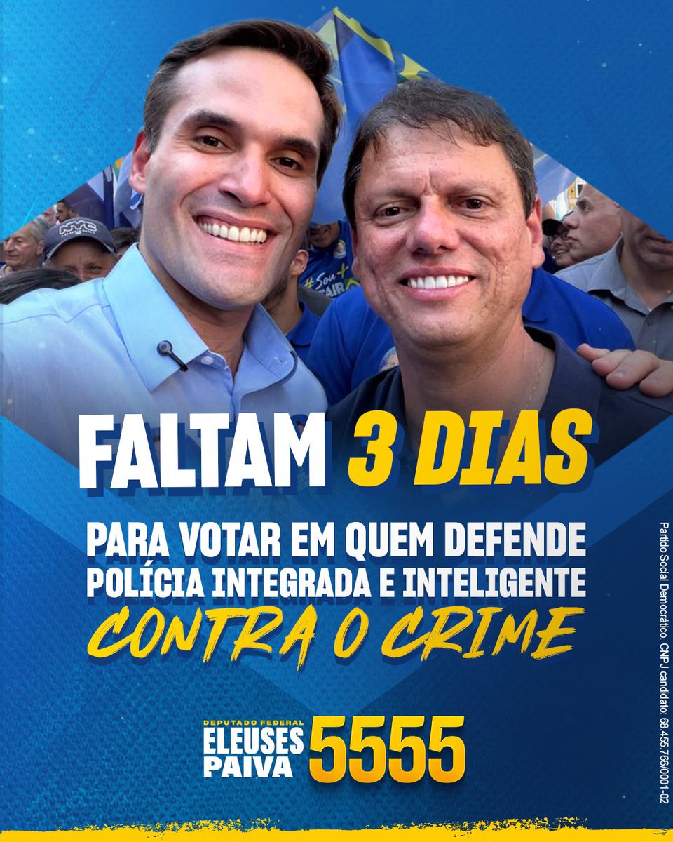 eleusespaivaf's tweet photo. Mais segurança, mais tecnologia e proteção efetiva para nossas famílias!

Domingo é ELEUSES PAIVA 5️⃣5️⃣5️⃣5️⃣ para Deputado Federal ✅

PROPAGANDA ELEITORAL. Partido Social Democrático - CNPJ: 68.455.766/0001-02 https://t.co/Jg9xpMEoR1