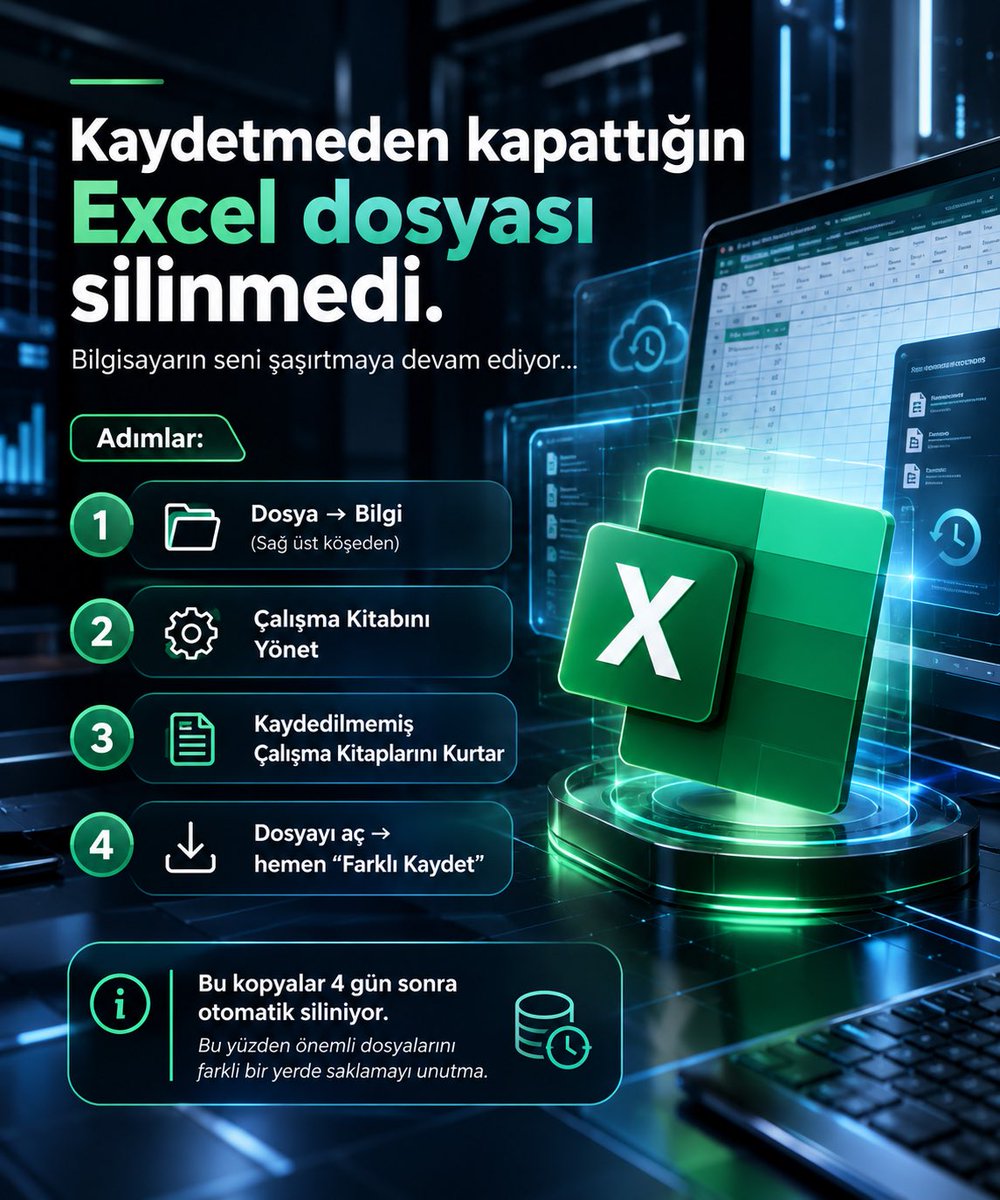 MScengnr00's tweet photo. Kaydetmeden kapattığın Excel dosyası
gerçekten silindi mi?🤔

Her zaman değil👇

#excel #bilgi https://t.co/1vfMj7Una1