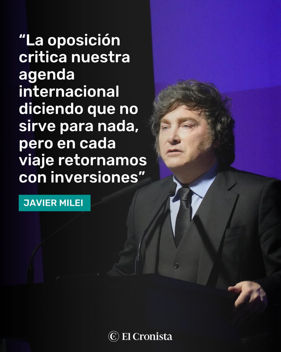 Cronistacom's tweet photo. Ese no fue el único momento dedicado a sus detractores; Milei señaló: "La oposición critica nuestra agenda internacional diciendo que no sirve para nada, pero en cada viaje retornamos con inversiones". https://t.co/8za7AACsnC