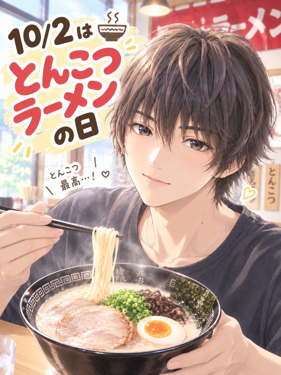 yuu19971122's tweet photo. おはようございます✨
10/2はとんこつラーメンの日！
福岡県の久留米ラーメン会が【とん(10)こつ(2)】の語呂合わせにちなんで10月2日に記念日を制定。
今日はとんこつラーメンにしようかな？
本日もよろしくお願いします🤲 https://t.co/g1avc72qHl
