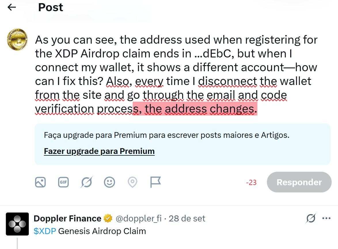 BitCrypto01's tweet photo. @doppler_fi Como pode ver o endereço feito no cadastro da reivindicação do Airdrop do XDP é com final ...dEbC mas ao conectar a carteira ela mostra outra conta como posso resolver isso? E cada vez que desconecto a carteira do site e faço o procedimento do e-mail e código o endereço muda. https://t.co/0rCcBSuLnW