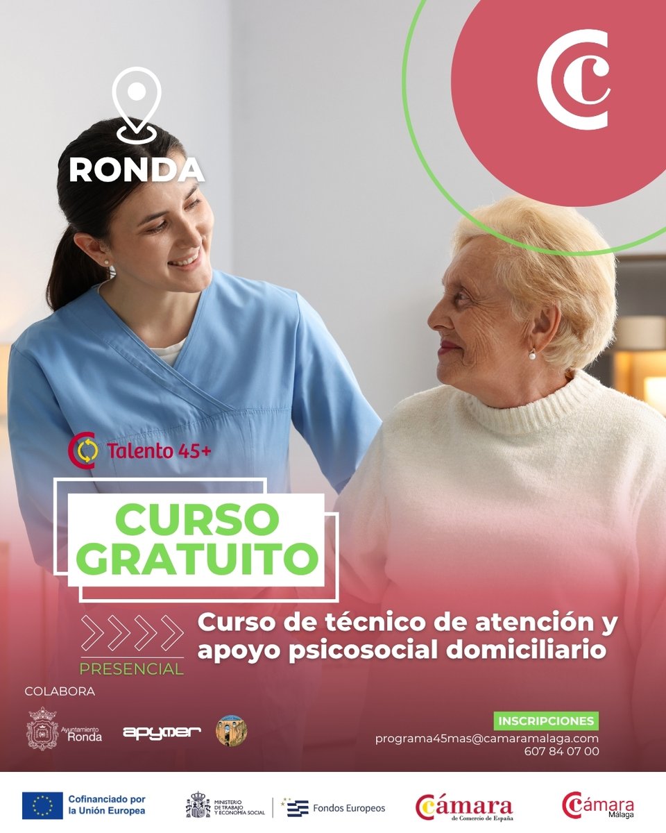 Camara_Malaga's tweet photo. 📣 CURSO GRATUITO DE AYUDA A DOMICILIO EN RONDA

🎓 Técnico de Atención y Apoyo Psicosocial Domiciliario

📚 Duración: 200 horas
🔹 Incluye: 50 horas de prácticas
📍 Modalidad: Presencial en Ronda

📅 Inicio: En octubre
✅ Formación gratuita

 ¿Tienes más de 45 años y estás actualmente en situación de desempleo?

Esta formación presencial en Ronda es una oportunidad para adquirir nuevos conocimientos, completar tu formación con prácticas y mejorar tus oportunidades laborales.

🎯 ¿A quién va dirigido?
🔸 Personas mayores de 45 años.
🔸 Personas actualmente en situación de desempleo.
🔸 Personas interesadas en formarse en atención y apoyo psicosocial domiciliario.

📲 Para más información e inscripciones:
📞 607 840 700
📧 josemaria.gonzalez@camaramalaga.com
