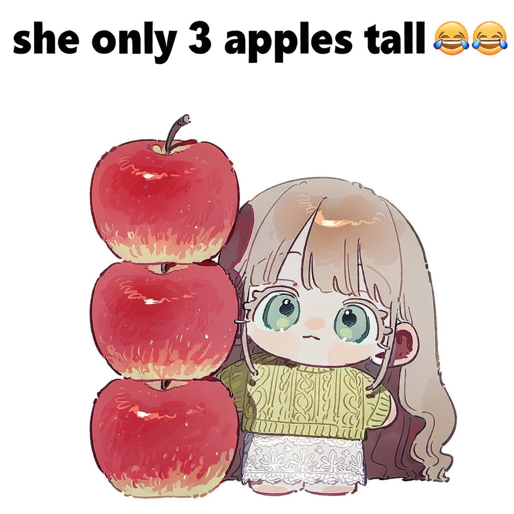 _Me_1o's tweet photo. * 치비 프롬 공유 [only 3 apples tall 😂😂]

- V5F/ 외형과 의상 포함 X
- 사과 개수 오류가 잦습니다! 그래도 귀여워요,  트친과 정실을 애정 담아 조롱해주세요•••

-탐넘 완전 가능!
(대신 인용으로 저도 보여주세요//)

2.5::only chibi, super deformed, full body::, standing, front view,
tiny character, comically short, exaggerated chibi proportions,

three apples stacked vertically beside the character, 3::exactly 3 apples::, vertically stacked apples, one apple on top of another,
3::the stack of three apples is exactly the same height as the character,::
character standing directly beside the apple stack, clear height comparison,
3::top of character's head aligned with the top of the third apple::,
feet aligned with the bottom of the apple stack,

simple white background, minimal composition, meme composition, lots of white space,
character and apple stack placed in the lower half of the image,

large bold black text at the top,
"He only 3 apples tall😂😂",
internet meme, humorous size comparison