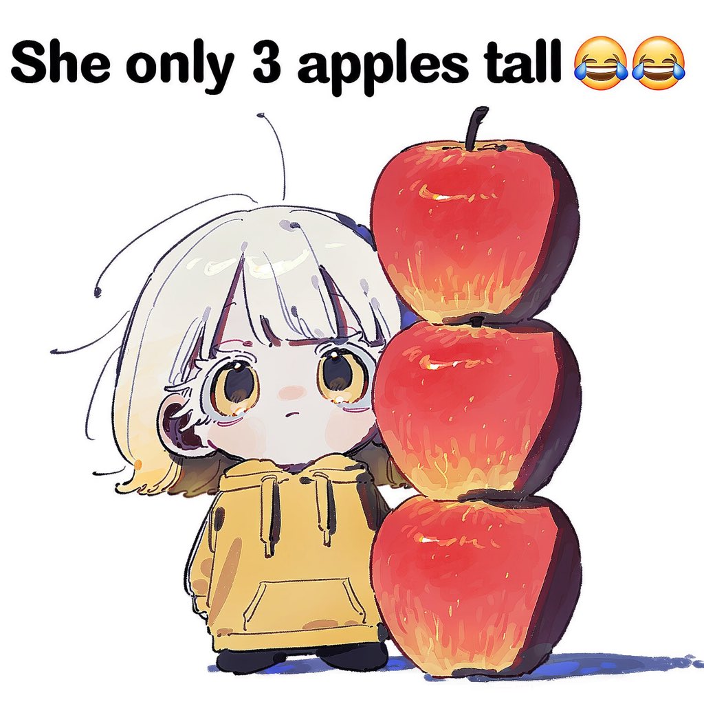_Me_1o's tweet photo. * 치비 프롬 공유 [only 3 apples tall 😂😂]

- V5F/ 외형과 의상 포함 X
- 사과 개수 오류가 잦습니다! 그래도 귀여워요,  트친과 정실을 애정 담아 조롱해주세요•••

-탐넘 완전 가능!
(대신 인용으로 저도 보여주세요//)

2.5::only chibi, super deformed, full body::, standing, front view,
tiny character, comically short, exaggerated chibi proportions,

three apples stacked vertically beside the character, 3::exactly 3 apples::, vertically stacked apples, one apple on top of another,
3::the stack of three apples is exactly the same height as the character,::
character standing directly beside the apple stack, clear height comparison,
3::top of character's head aligned with the top of the third apple::,
feet aligned with the bottom of the apple stack,

simple white background, minimal composition, meme composition, lots of white space,
character and apple stack placed in the lower half of the image,

large bold black text at the top,
"He only 3 apples tall😂😂",
internet meme, humorous size comparison