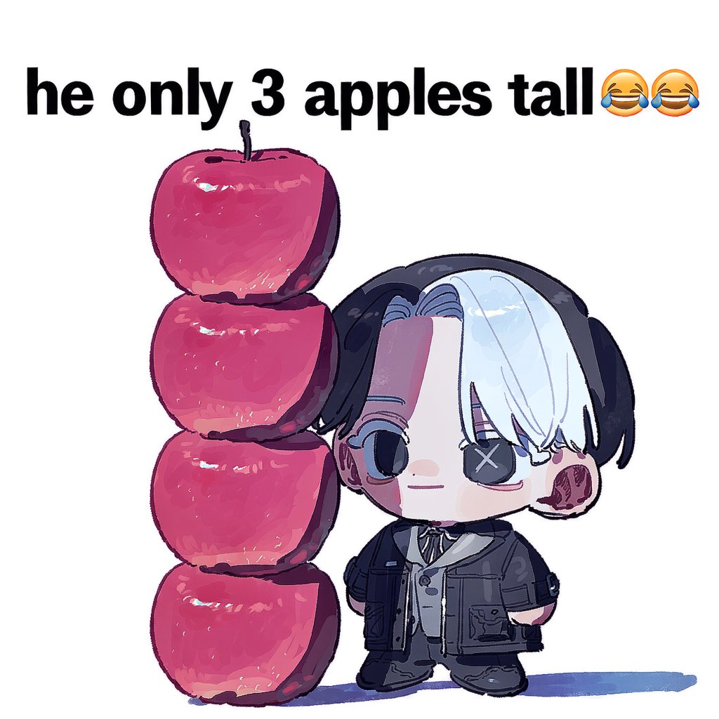 _Me_1o's tweet photo. * 치비 프롬 공유 [only 3 apples tall 😂😂]

- V5F/ 외형과 의상 포함 X
- 사과 개수 오류가 잦습니다! 그래도 귀여워요,  트친과 정실을 애정 담아 조롱해주세요•••

-탐넘 완전 가능!
(대신 인용으로 저도 보여주세요//)

2.5::only chibi, super deformed, full body::, standing, front view,
tiny character, comically short, exaggerated chibi proportions,

three apples stacked vertically beside the character, 3::exactly 3 apples::, vertically stacked apples, one apple on top of another,
3::the stack of three apples is exactly the same height as the character,::
character standing directly beside the apple stack, clear height comparison,
3::top of character's head aligned with the top of the third apple::,
feet aligned with the bottom of the apple stack,

simple white background, minimal composition, meme composition, lots of white space,
character and apple stack placed in the lower half of the image,

large bold black text at the top,
"He only 3 apples tall😂😂",
internet meme, humorous size comparison