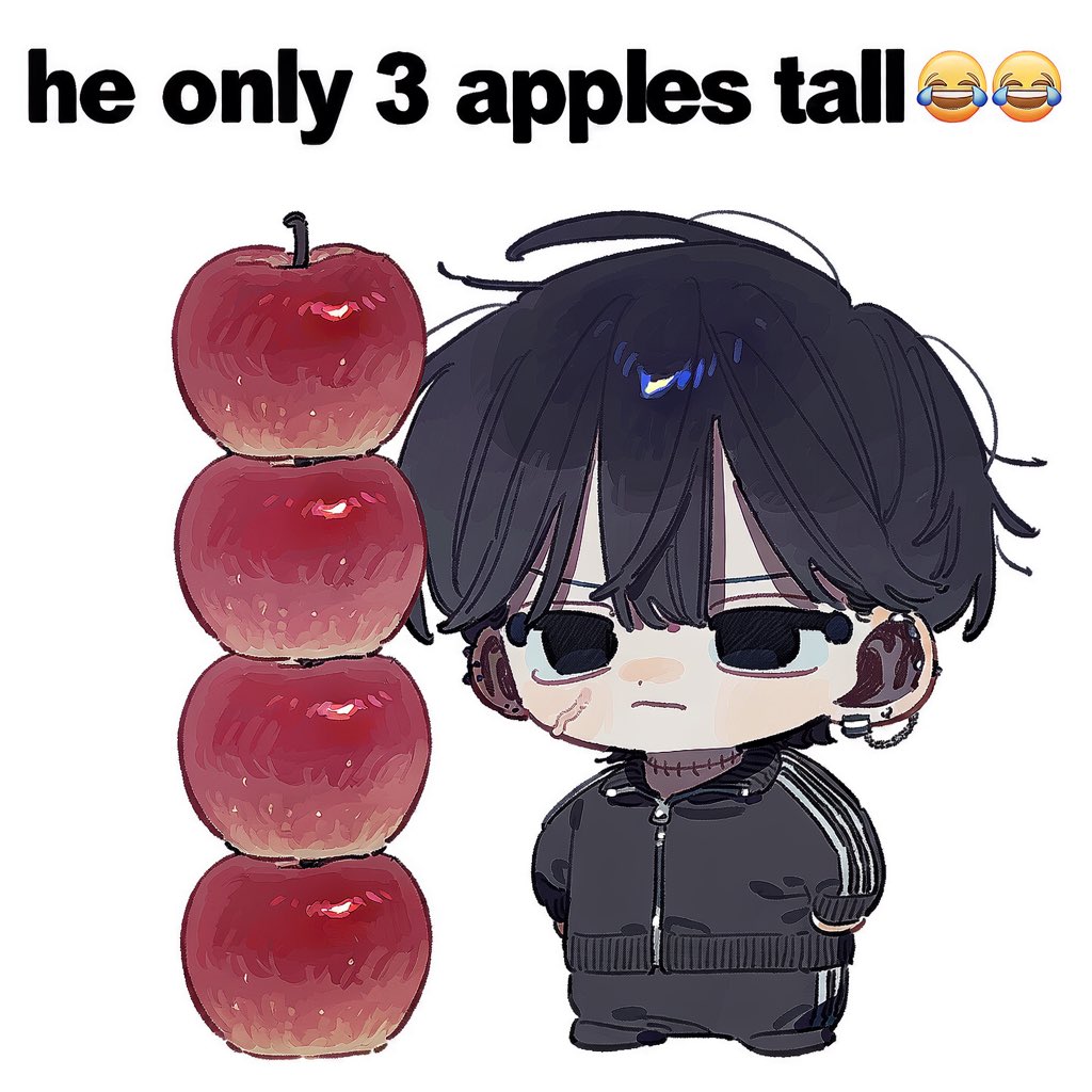 _Me_1o's tweet photo. * 치비 프롬 공유 [only 3 apples tall 😂😂]

- V5F/ 외형과 의상 포함 X
- 사과 개수 오류가 잦습니다! 그래도 귀여워요,  트친과 정실을 애정 담아 조롱해주세요•••

-탐넘 완전 가능!
(대신 인용으로 저도 보여주세요//)

2.5::only chibi, super deformed, full body::, standing, front view,
tiny character, comically short, exaggerated chibi proportions,

three apples stacked vertically beside the character, 3::exactly 3 apples::, vertically stacked apples, one apple on top of another,
3::the stack of three apples is exactly the same height as the character,::
character standing directly beside the apple stack, clear height comparison,
3::top of character's head aligned with the top of the third apple::,
feet aligned with the bottom of the apple stack,

simple white background, minimal composition, meme composition, lots of white space,
character and apple stack placed in the lower half of the image,

large bold black text at the top,
"He only 3 apples tall😂😂",
internet meme, humorous size comparison