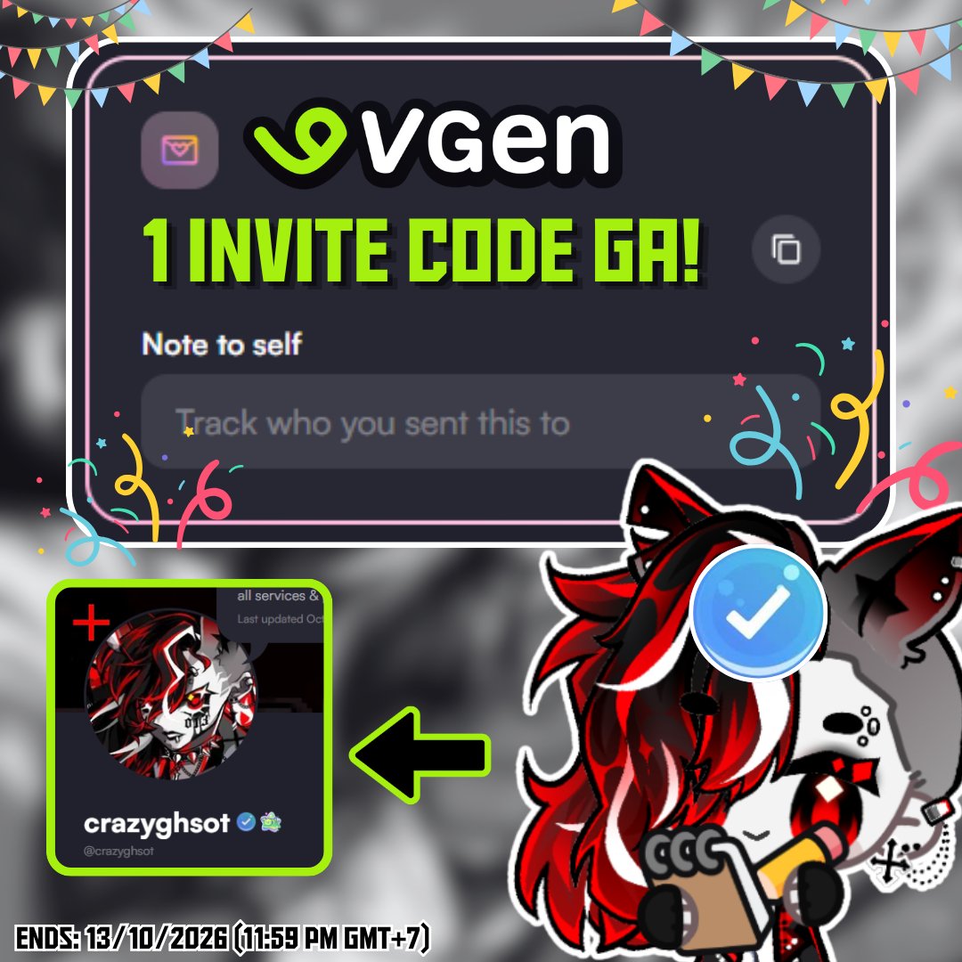 crazyghsot's tweet photo. ✦ VGen Code Giveaway ✦
It's my birth month again, and I'm giving away 1 VGen code!

How to join?
✦ Like &amp; RT this post
✦ Drop your VGen Link
✦ 3-4 of your works or a portfolio link

🗓️Ends: 13 Oct 2025 (11:59 PM GMT+7)
#Vgen #VgenCode https://t.co/iWjt86Hun2