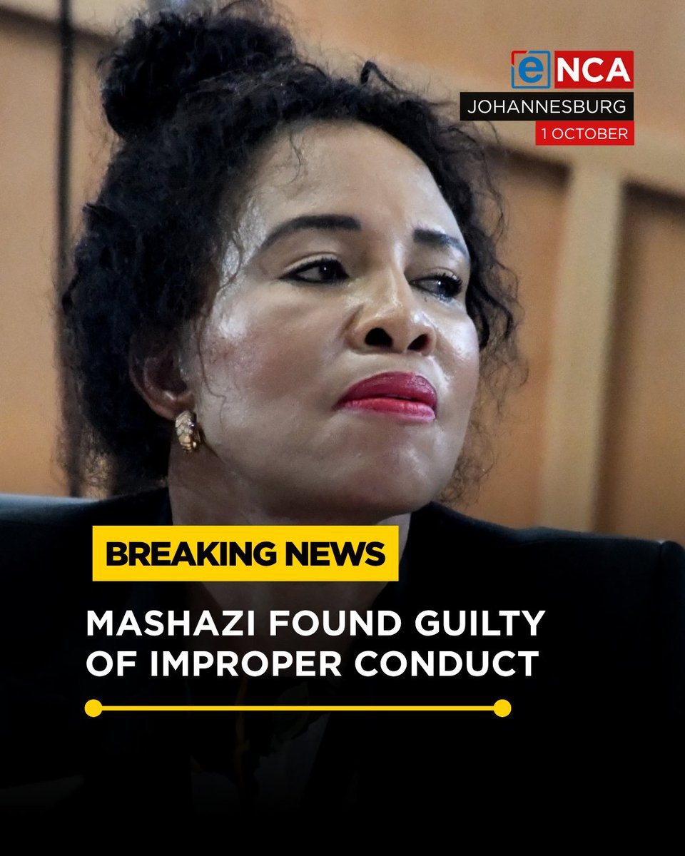 eNCA's tweet photo. [BREAKING] Former Ekurhuleni City Manager, Imogen Mashazi has been found guilty of improper conduct after public protector found she hired an unqualified Metro Police Chief. Tune in to #eNCA, on #DStv403. https://t.co/hJci9Ip8WT