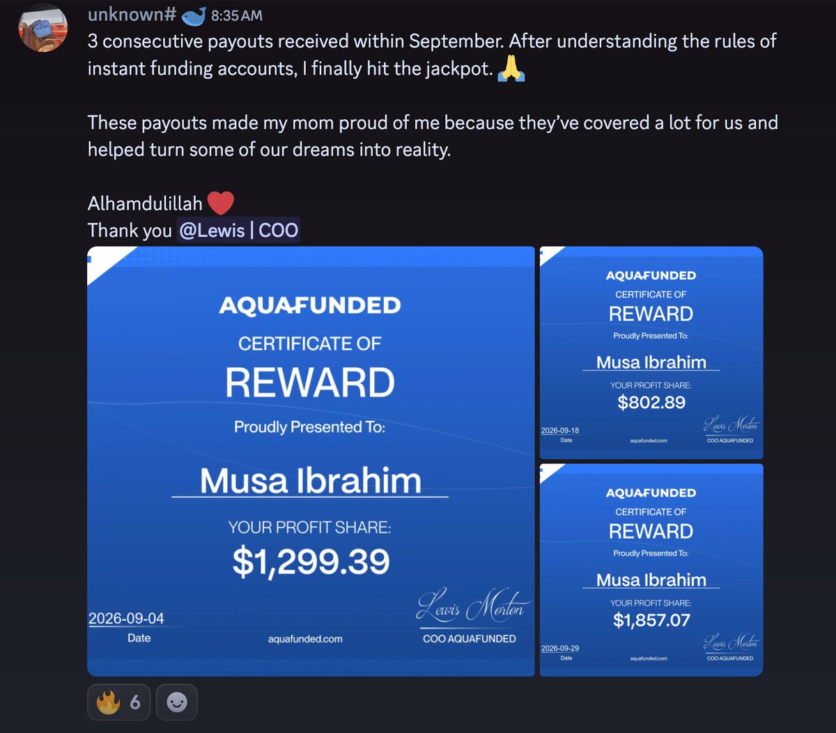 AquaFunded's tweet photo. 3 payouts in September for Musa Ibrahim on instant funding account

$1,299.39 on Sep 4
$802.89 on Sep 18
$1,857.07 on Sep 29

$3,959.35 total, all from learning the rules and trading them properly.

Congrats Musa, well deserved 👏 https://t.co/O3Bt6ipu58