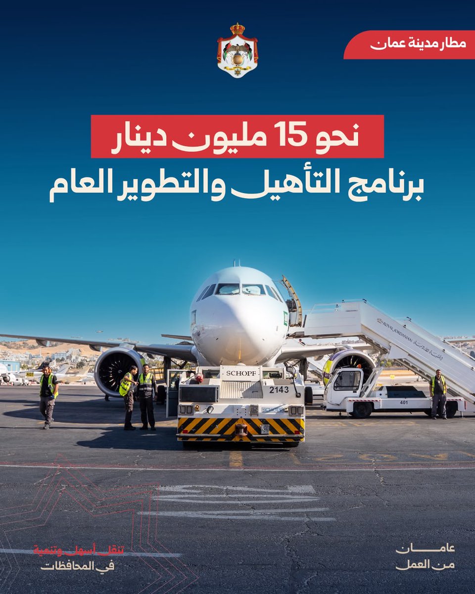 MoGC_JO's tweet photo. في سياق تطوير المطار وتأهيله للتشغيل، سجل مطار مدينة عمّان 239,529 مسافراً على الرحلات التجارية خلال الأشهر الثمانية الأولى من العام 2026، ضمن حركة إجمالية بلغت 244,502 مسافراً عبر مختلف أنواع الرحلات. 
وشمل برنامج التأهيل والتطوير، الذي تم بكلفة تقارب 15 مليون دينار، تطوير قاعات المسافرين والبنية التحتية الجوية والأرضية، بالتوازي مع تحديث أنظمة مناولة وفحص الأمتعة. ويتضمن مشروع تحديث أنظمة مناولة وفحص الأمتعة طاقة تصميمية لخدمة 2 مليون مسافر سنوياً، وعشرة كاونترات للمغادرين ونقطتين للخدمة الذاتية لإيداع الأمتعة. ويستهدف فحص جميع الأمتعة بنظام تفتيش آلي بطاقة مستهدفة تبلغ 1,000 حقيبة في الساعة.
الأثر المتوقع مع استكمال التطوير: إجراءات أكثر انسيابية وتحسين خدمات الأمتعة داخل مطار قريب من مركز العاصمة. #عامان_من_العمل #الأردن