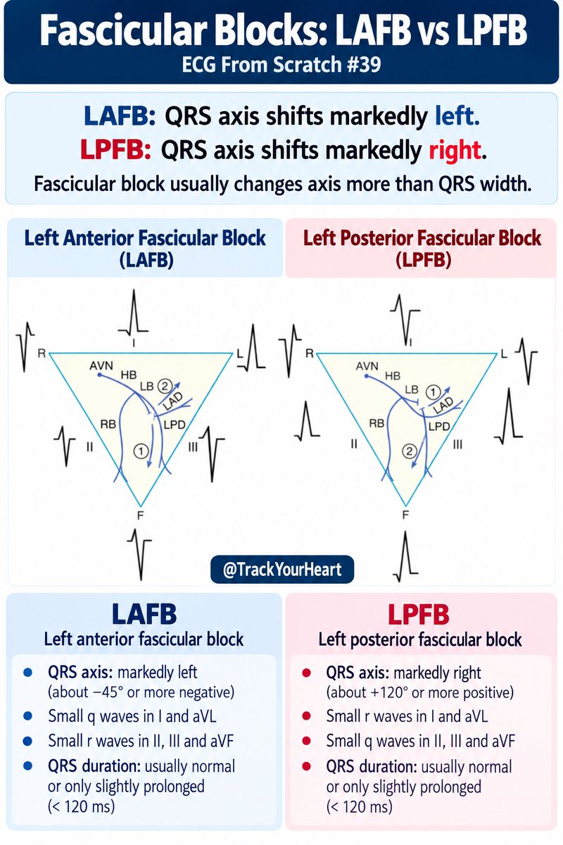 TrackYourHeart's tweet photo. ECG From Scratch #39: Fascicular Blocks

Think of the left bundle as having two major pathways:
🔵Left anterior fascicle
⚪Left posterior fascicle

A block in either is called a fascicular block, or traditionally, a hemiblock.
Unlike complete RBBB or LBBB, a fascicular block usually changes the QRS axis much more than the QRS width.

1️⃣ Left anterior fascicular block (LAFB)
The most important clue is a marked leftward QRS axis, usually around −45° or more negative, together with a characteristic QRS pattern.

Typical findings include:
- Left axis deviation
- Small q waves in I and aVL
- Small r waves in II, III and aVF
- QRS usually <120 ms

The key idea:
LAFB shifts the mean QRS axis to the left and superiorly.

2️⃣ Left posterior fascicular block (LPFB)

This is much less common.
The characteristic finding is marked right axis deviation, often around +120° or more, with a narrow or only mildly prolonged QRS.

LPFB is a diagnosis of exclusion because rightward axis deviation has many other causes, including RVH, pulmonary disease and lateral myocardial infarction.

The easiest way to remember them
LAFB = axis goes left
LPFB = axis goes right

And unlike RBBB or LBBB, the diagnosis is made primarily from the frontal-plane limb leads, especially the QRS axis.

Why does this matter clinically?
A fascicular block can occur alone, but it may also occur together with a bundle branch block.

For example:
◼️RBBB + LAFB = bifascicular block
◻️RBBB + LPFB = bifascicular block

The 2021 ESC pacing guideline considers bifascicular block an important marker of His-Purkinje conduction disease, particularly when associated with unexplained syncope. 

An isolated fascicular block does not automatically mean a pacemaker is needed. Management depends on symptoms, associated conduction abnormalities and the underlying cardiac disease. 

One important caveat
The classic three fascicles model is useful for learning ECGs, but the actual ventricular conduction system is more complex, with branching and interconnections rather than three simple electrical wires.

So use the model to understand the ECG, but don't assume every conduction abnormality fits perfectly into one fascicle.

Bottom line:
- Bundle branch block mainly changes QRS morphology and duration.
- Fascicular block mainly changes the QRS axis.

That is the foundation for recognizing hemiblocks on the ECG.