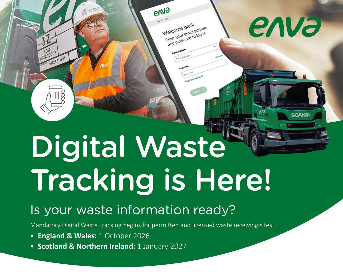 envagroup's tweet photo. 📅 Digital Waste Tracking starts today for England &amp; Wales sites (Scotland &amp; NI from Jan 2027). All sites must keep digital records for better traceability.

✅ See our FAQs to help you prepare: https://t.co/SHx9Gcj87n

#DigitalWasteTracking #WasteManagement #WeAreEnva https://t.co/aRxVrWE9QB