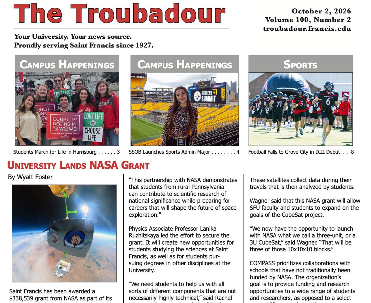 sfucommprogram's tweet photo. The Troubadour - @SaintFrancisPA's student newspaper - celebrates its 99th birthday today (Oct. 1) with a new issue hot off the presses! Read about SFU landing a NASA grant, the University's new Sports Administration major and more in this week's issue.
https://t.co/HA5jp4v4yP https://t.co/Rl85sMGrpV