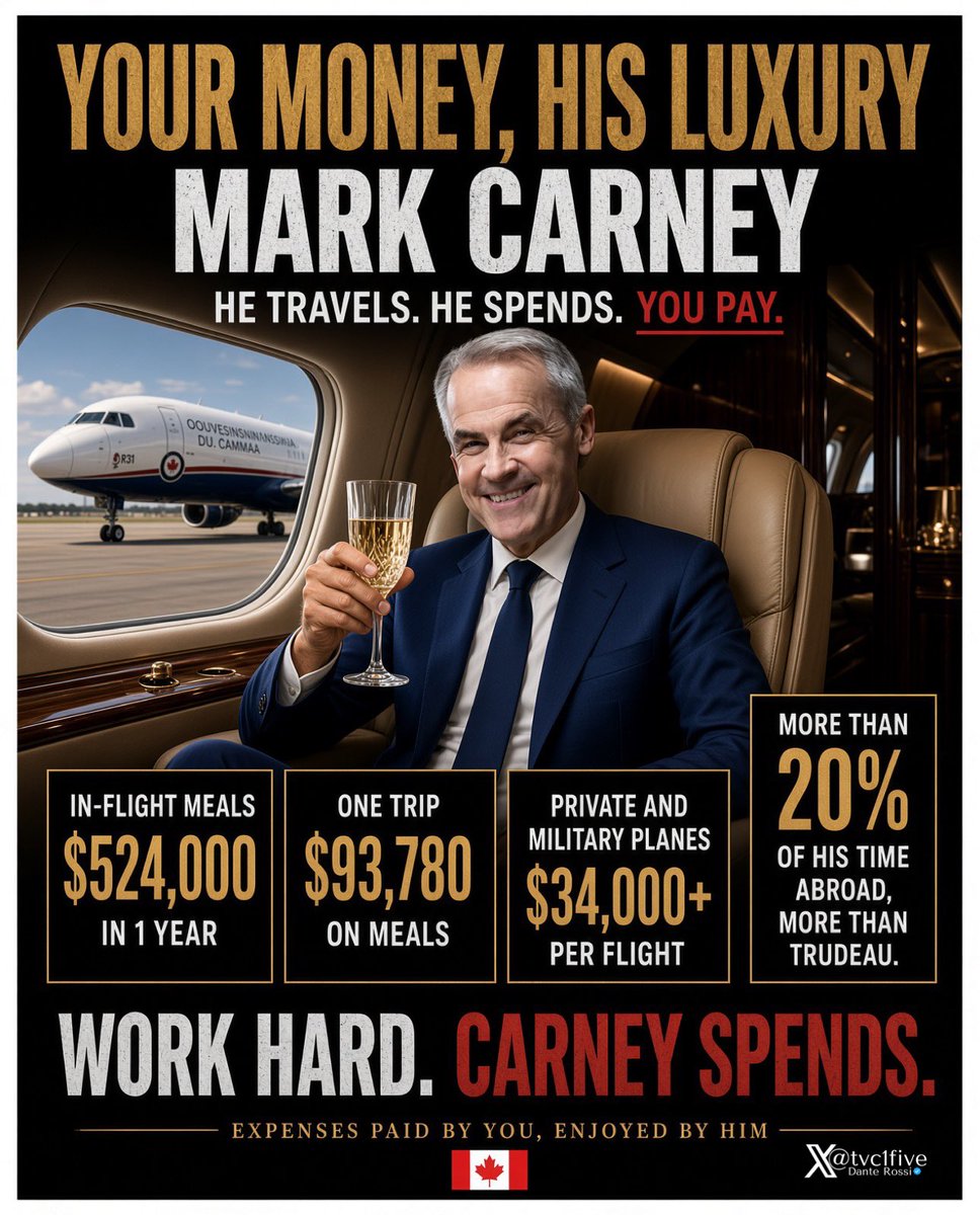 tvc1five's tweet photo. More time abroad than Trudeau, and the taxpayer picks up the tab. Work hard. Carney spends. https://t.co/diQzGV9cYT