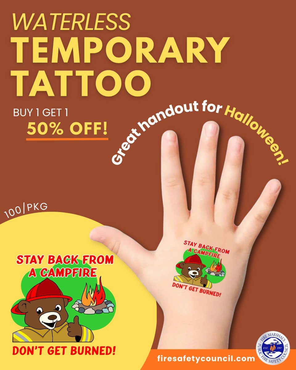 FMPFSC's tweet photo. 🎃 Make Halloween fun AND fire-safe! 🔥
Our waterless temporary tattoos are a great Halloween handout and a fun way to share an important fire-safety message.
Buy 1, get 1 50% off!

Order while supplies last! https://t.co/vIef2KfCdw https://t.co/r2VTIvaJRf